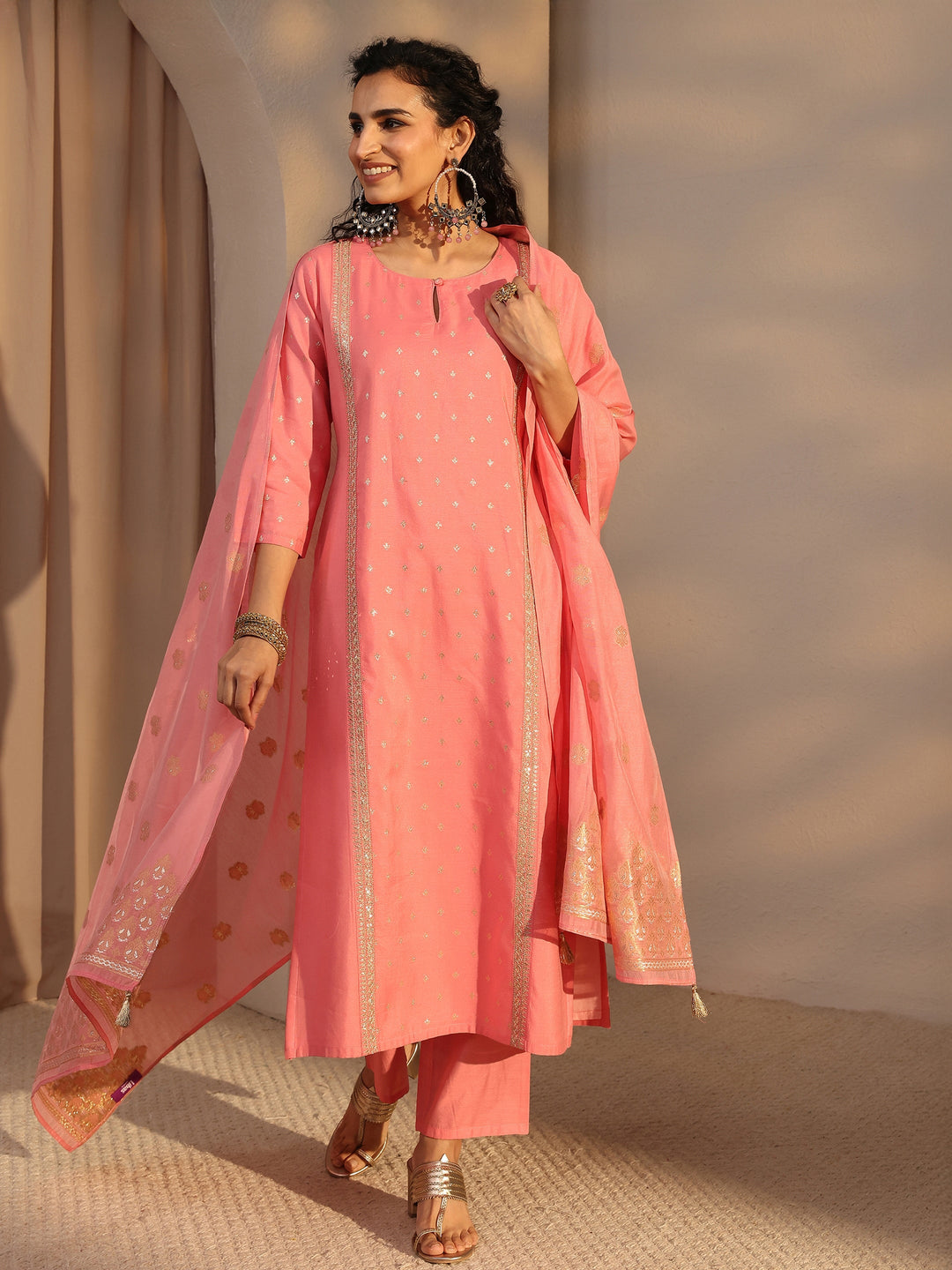  Pink Woven Design Chanderi Silk Straight Suit Set With Dupatta 