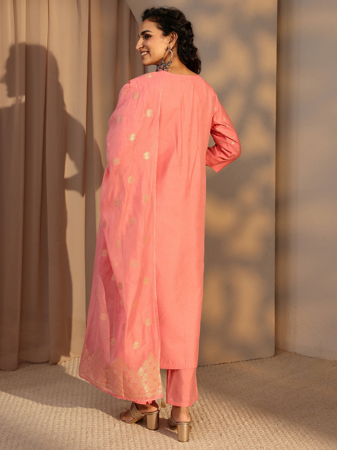  Pink Woven Design Chanderi Silk Straight Suit Set With Dupatta 