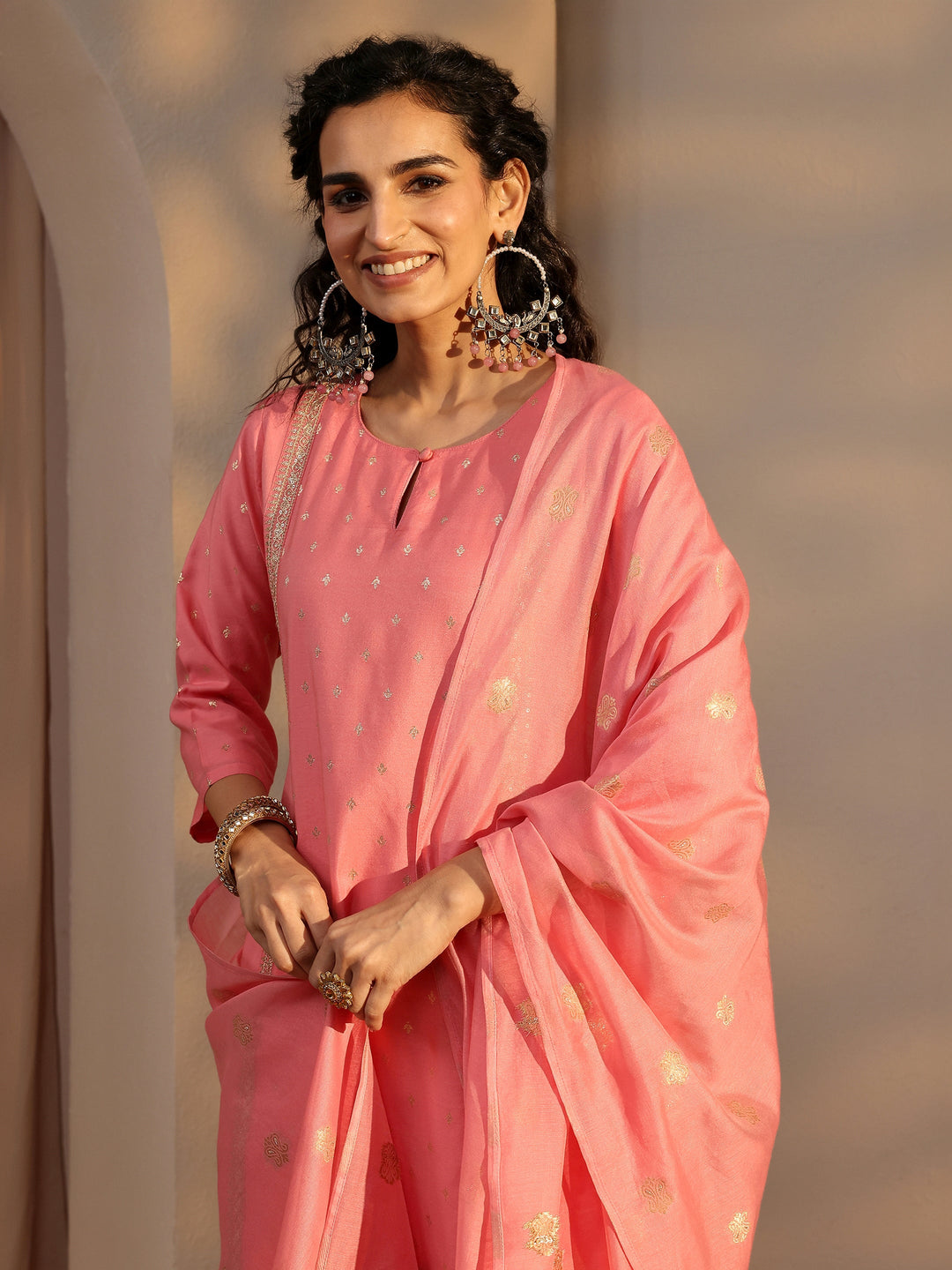  Pink Woven Design Chanderi Silk Straight Suit Set With Dupatta 