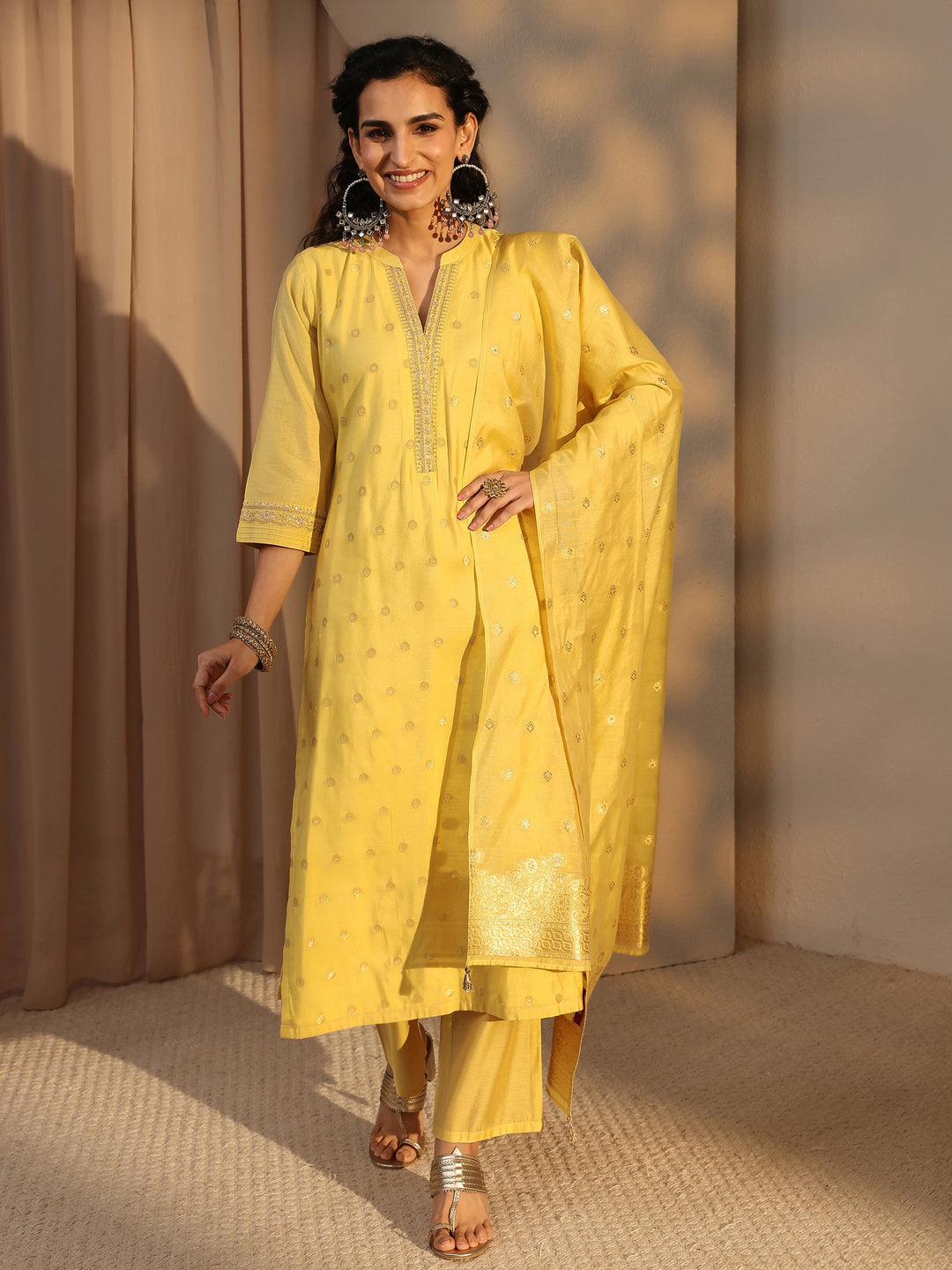  Yellow Woven Design Chanderi Silk Straight Suit Set With Dupatta 