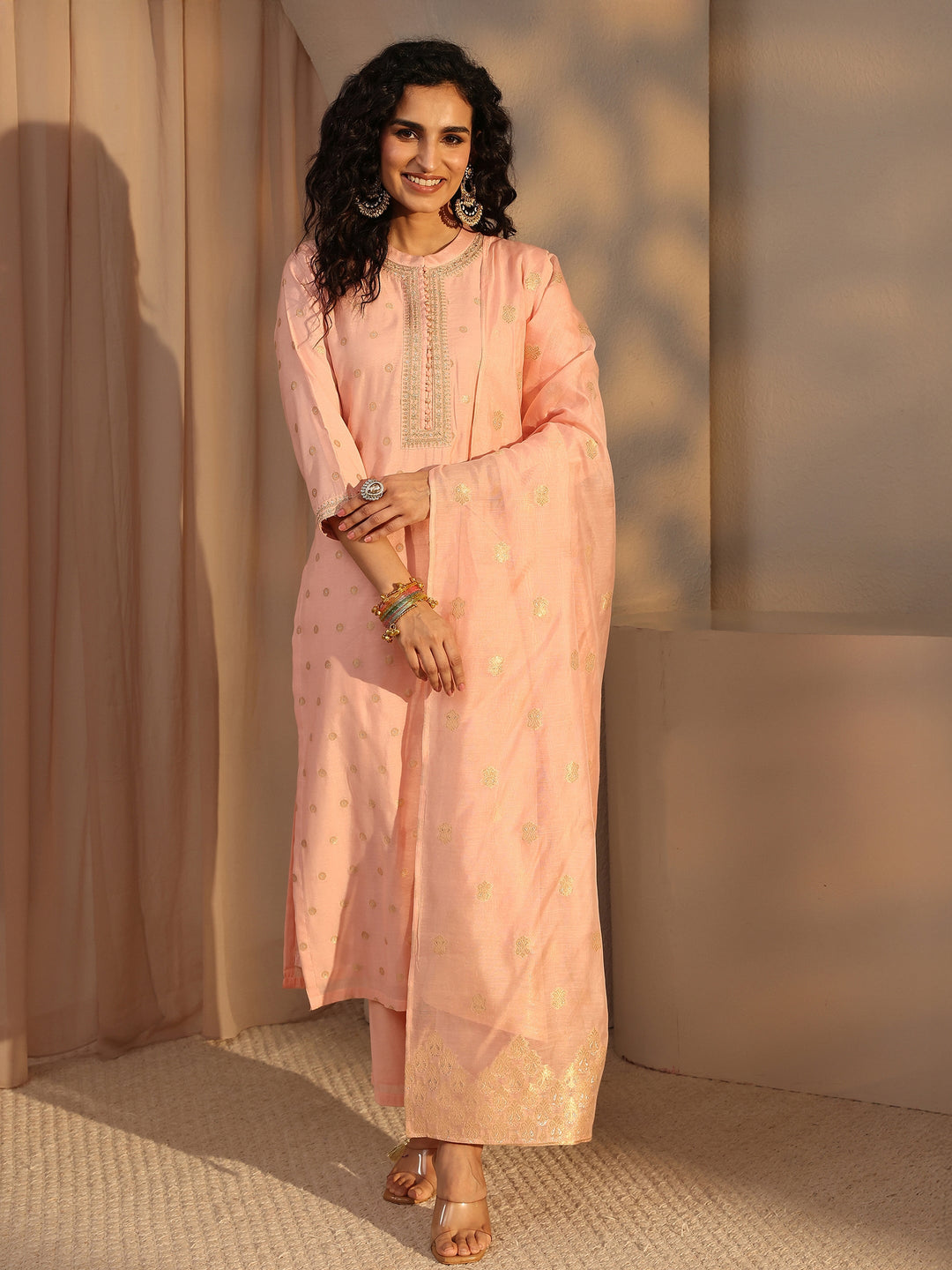  Peach Woven Design Chanderi Silk Straight Suit Set With Dupatta 