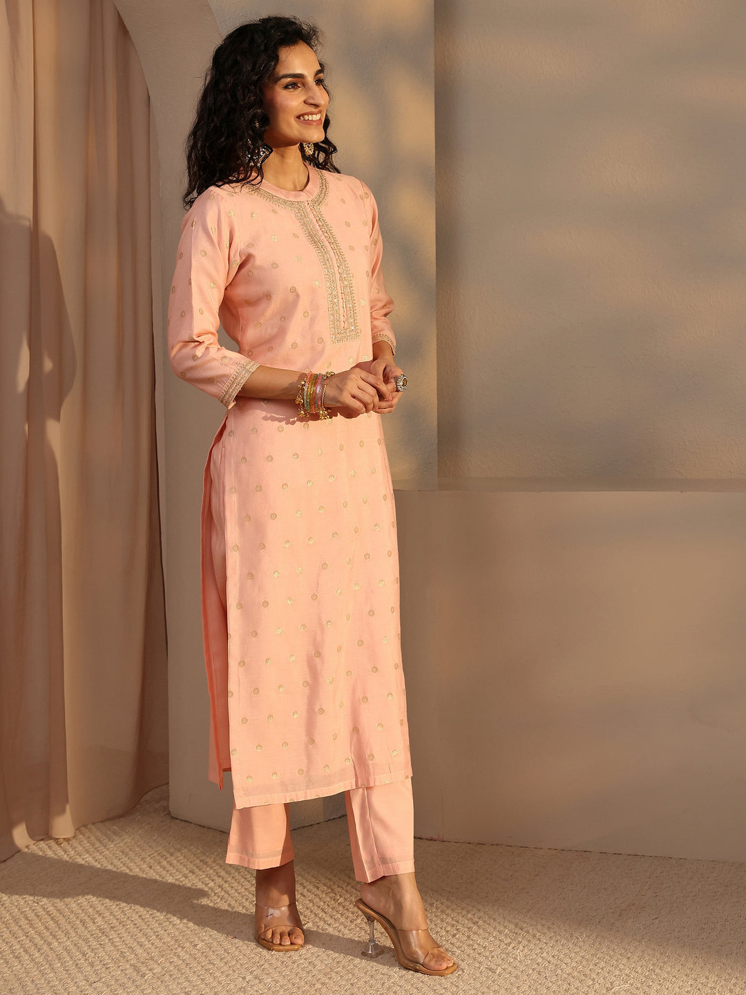  Peach Woven Design Chanderi Silk Straight Suit Set With Dupatta 
