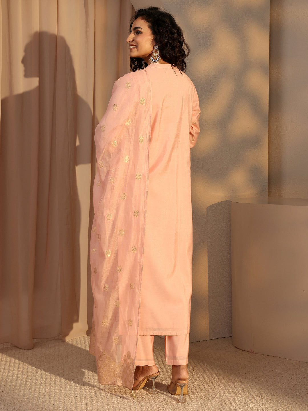  Peach Woven Design Chanderi Silk Straight Suit Set With Dupatta 