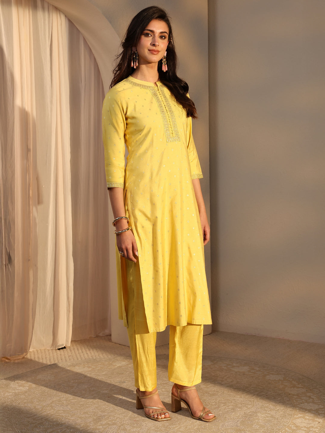  Yellow Woven Design Chanderi Silk Straight Suit Set With Dupatta 