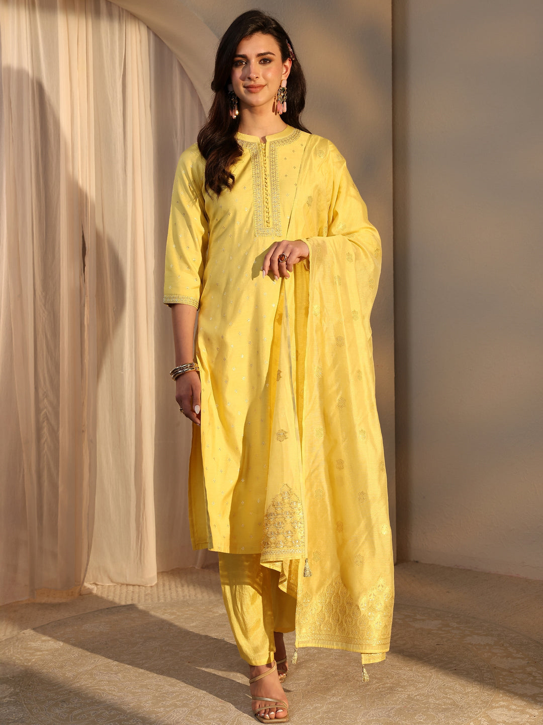  Yellow Woven Design Chanderi Silk Straight Suit Set With Dupatta 