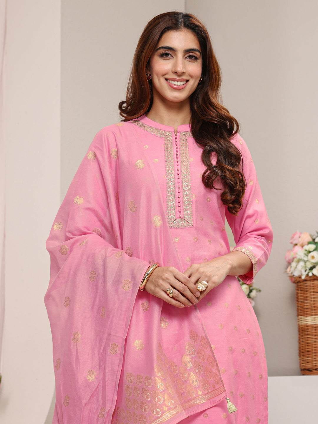  Pink Ethnic Woven Design Chanderi Silk Straight Suit Set With Dupatta 