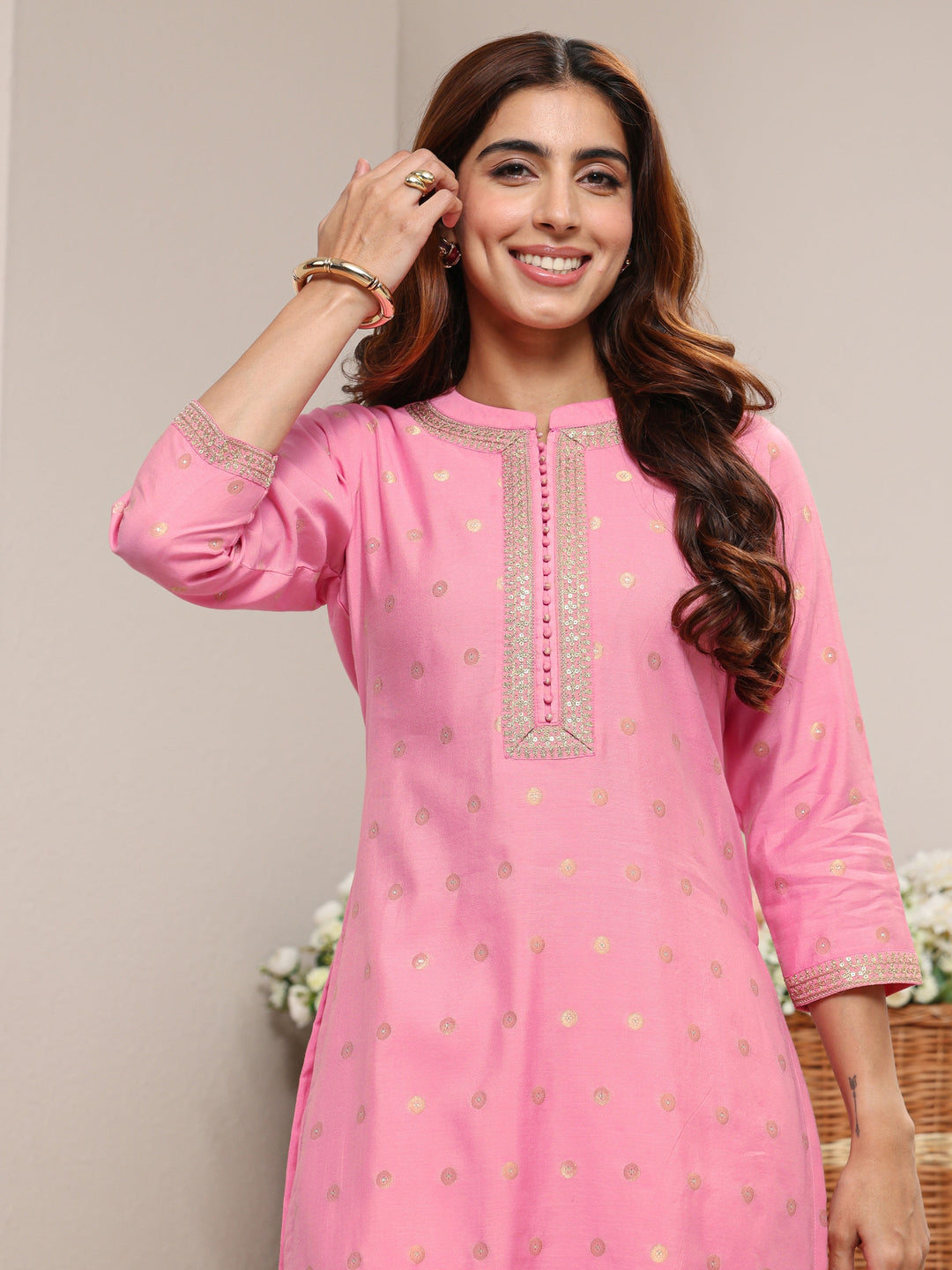  Pink Ethnic Woven Design Chanderi Silk Straight Suit Set With Dupatta 