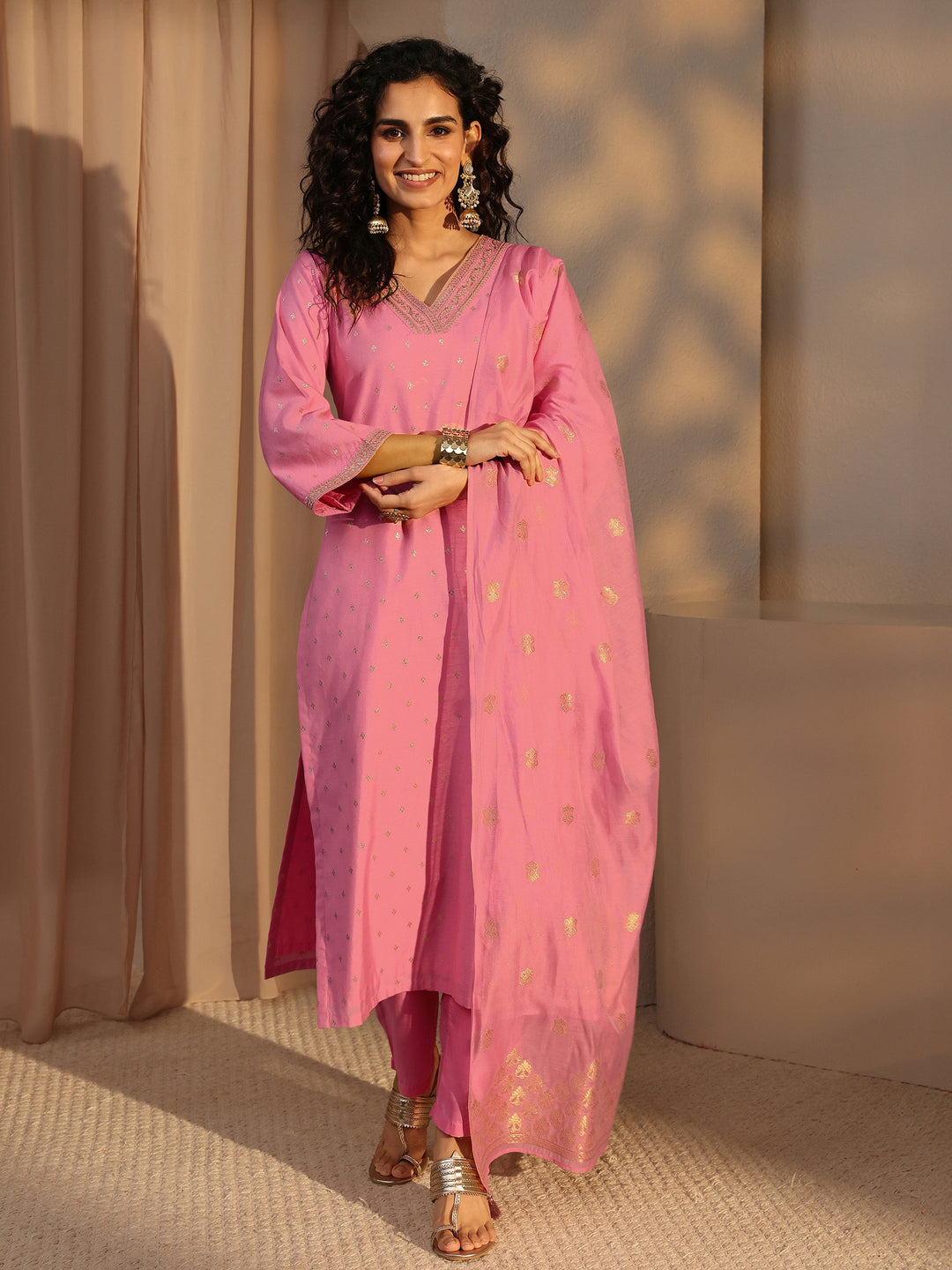  Pink Woven Design Chanderi Silk Straight Suit Set With Dupatta 