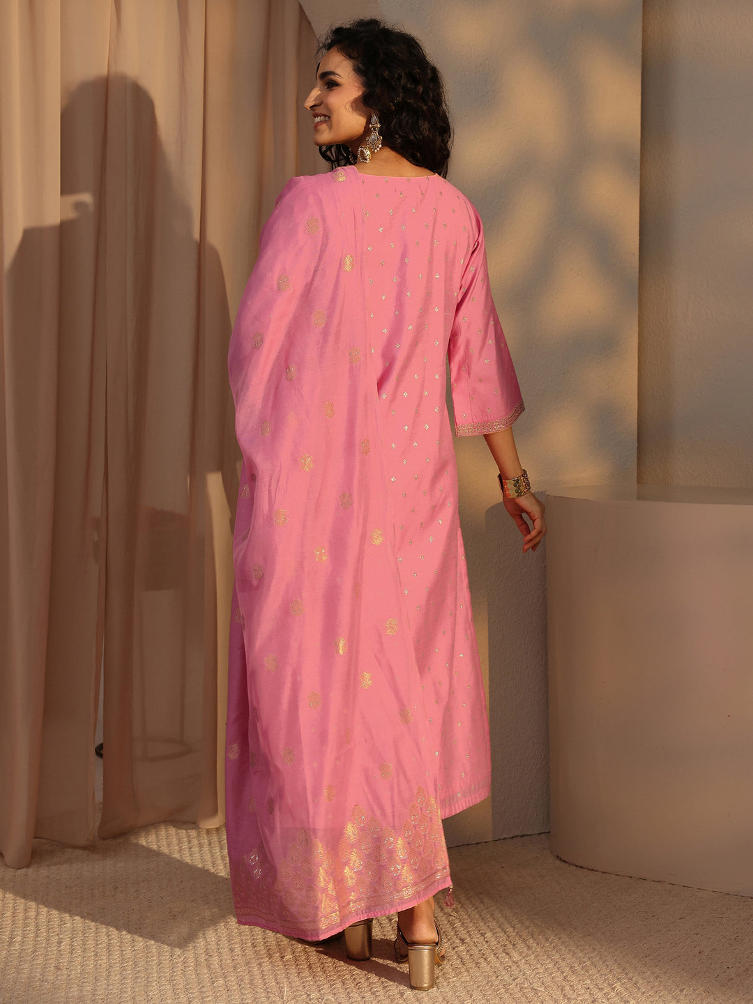  Pink Woven Design Chanderi Silk Straight Suit Set With Dupatta 
