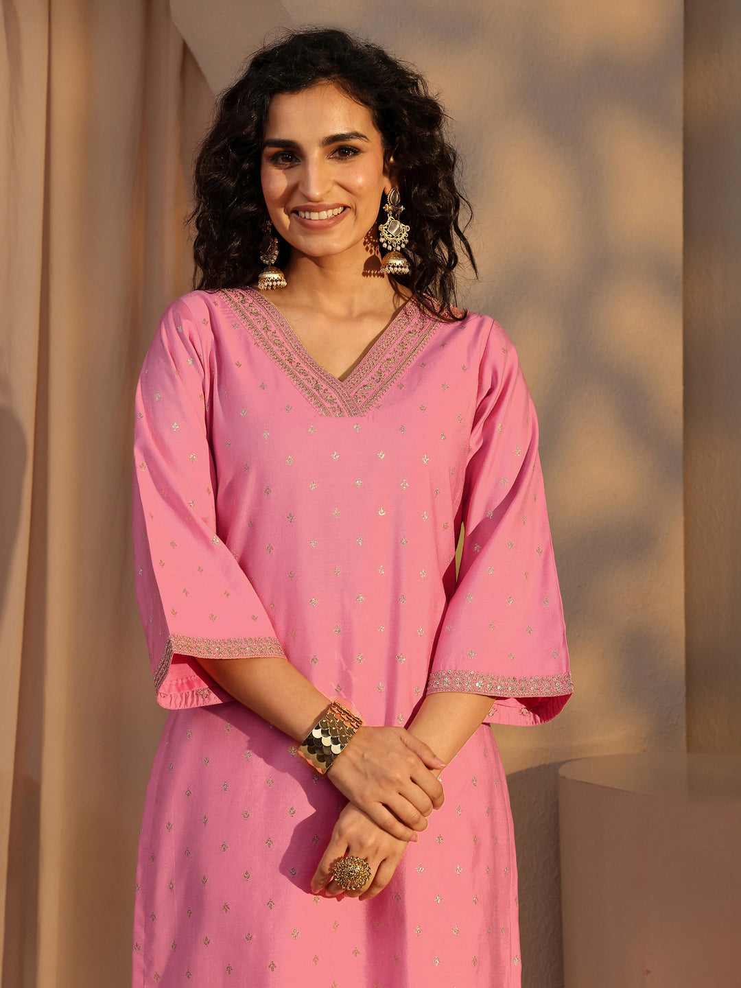  Pink Woven Design Chanderi Silk Straight Suit Set With Dupatta 