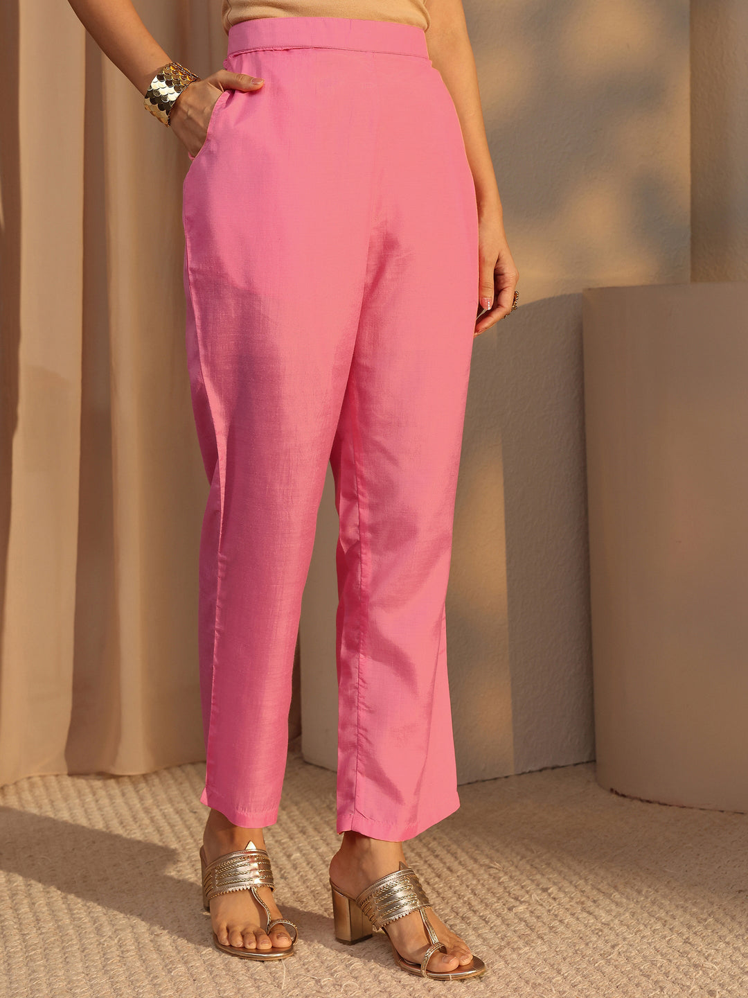  Pink Woven Design Chanderi Silk Straight Suit Set With Dupatta 