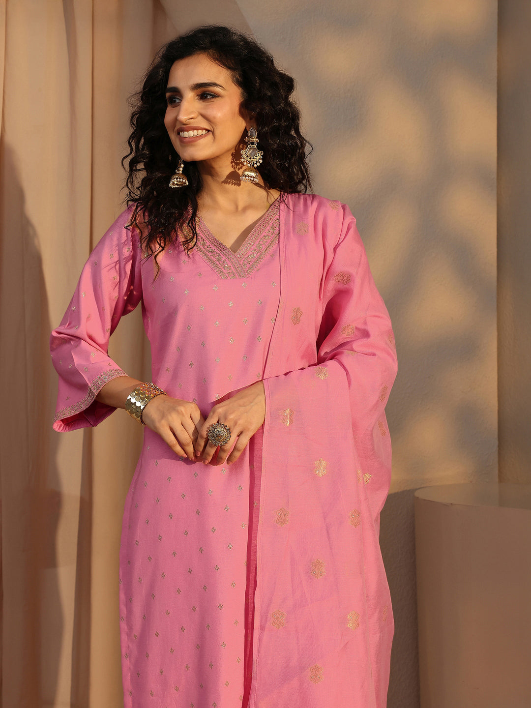  Pink Woven Design Chanderi Silk Straight Suit Set With Dupatta 