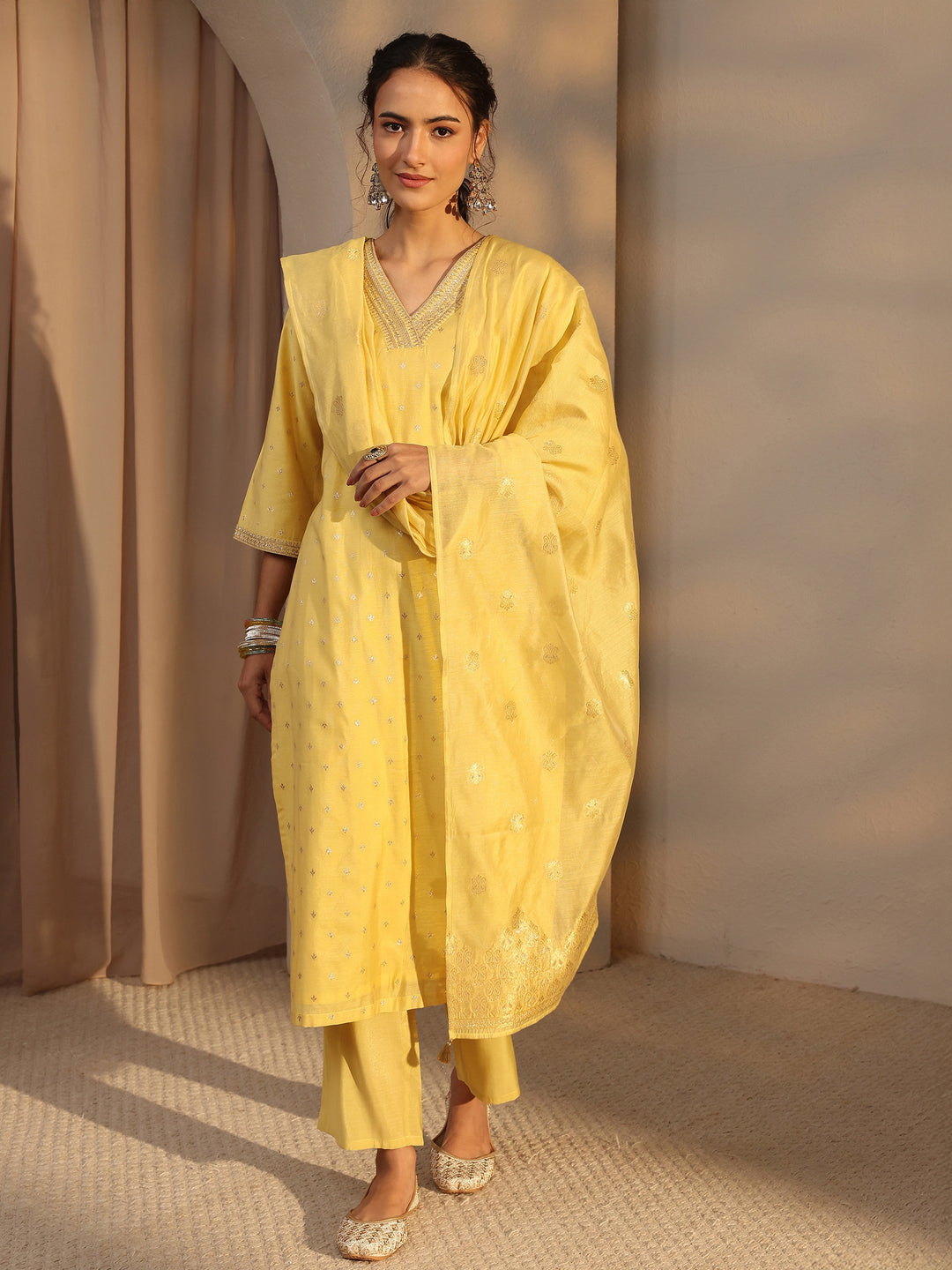  Yellow Woven Design Chanderi Silk Straight Suit Set With Dupatta 