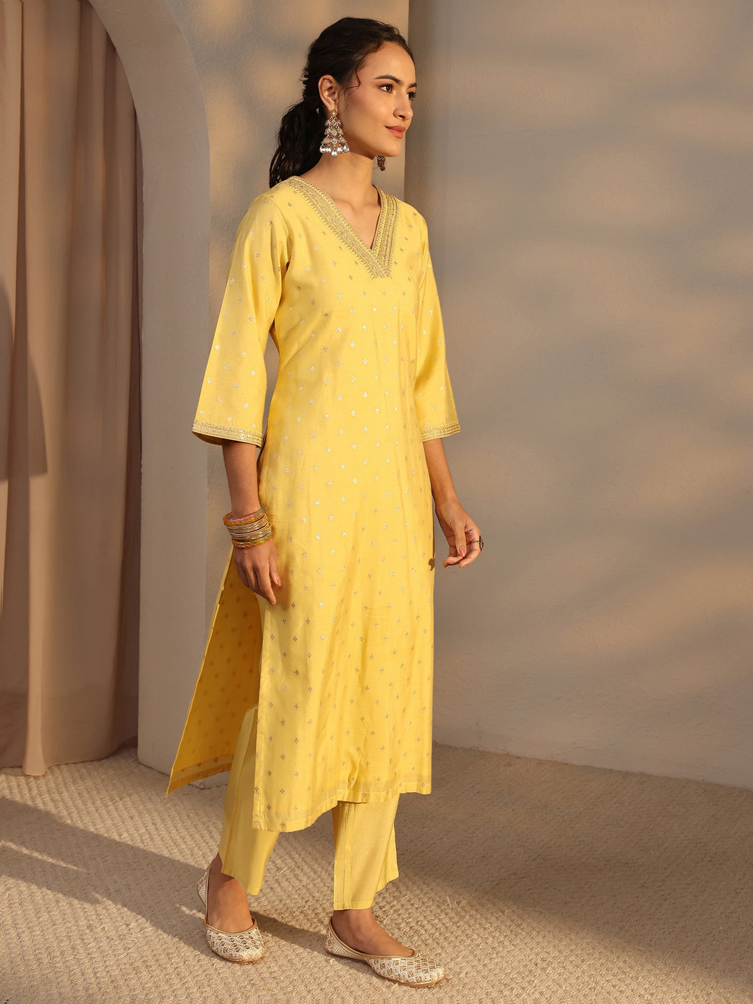  Yellow Woven Design Chanderi Silk Straight Suit Set With Dupatta 