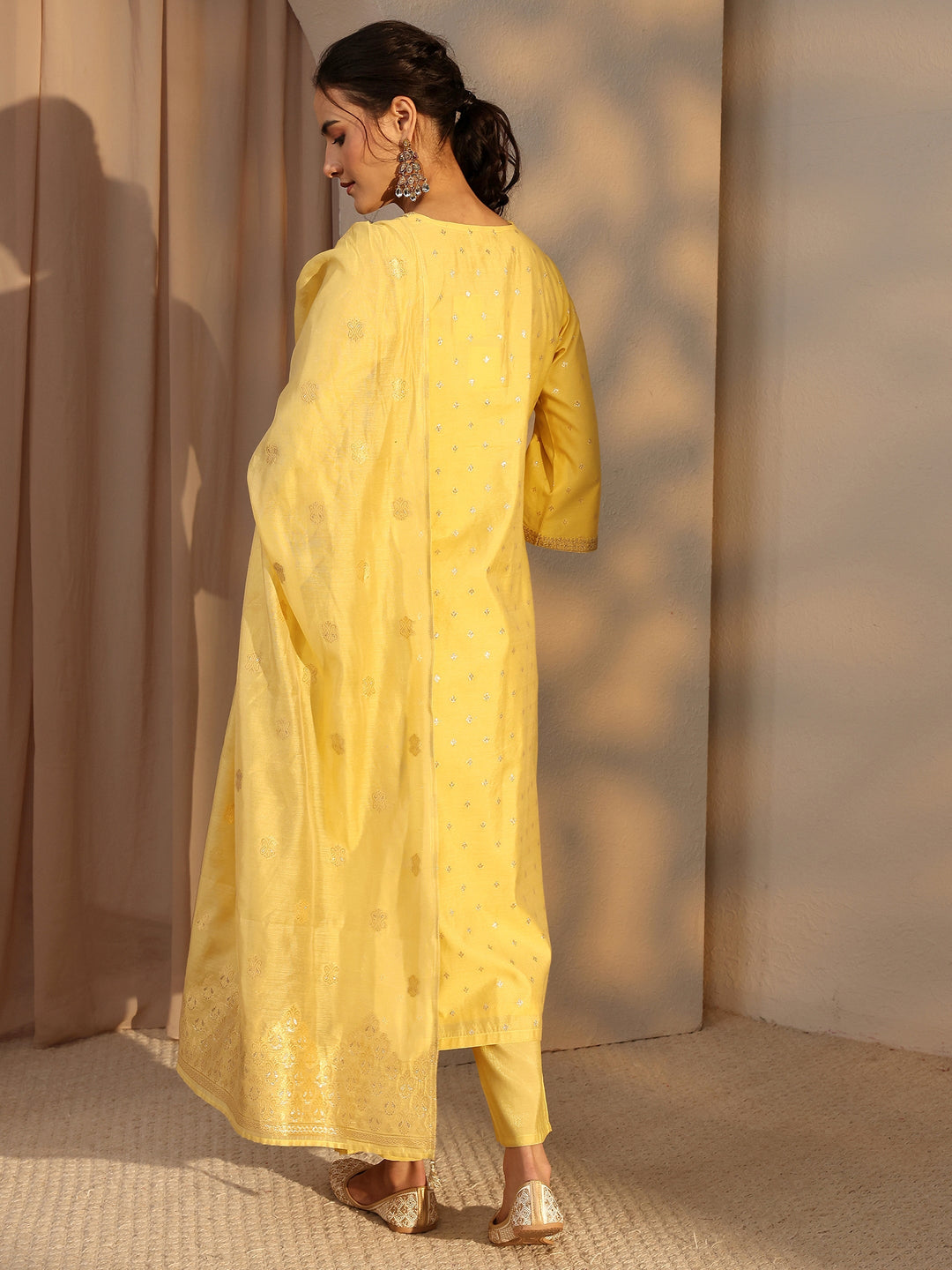 Yellow Woven Design Chanderi Silk Straight Suit Set With Dupatta 