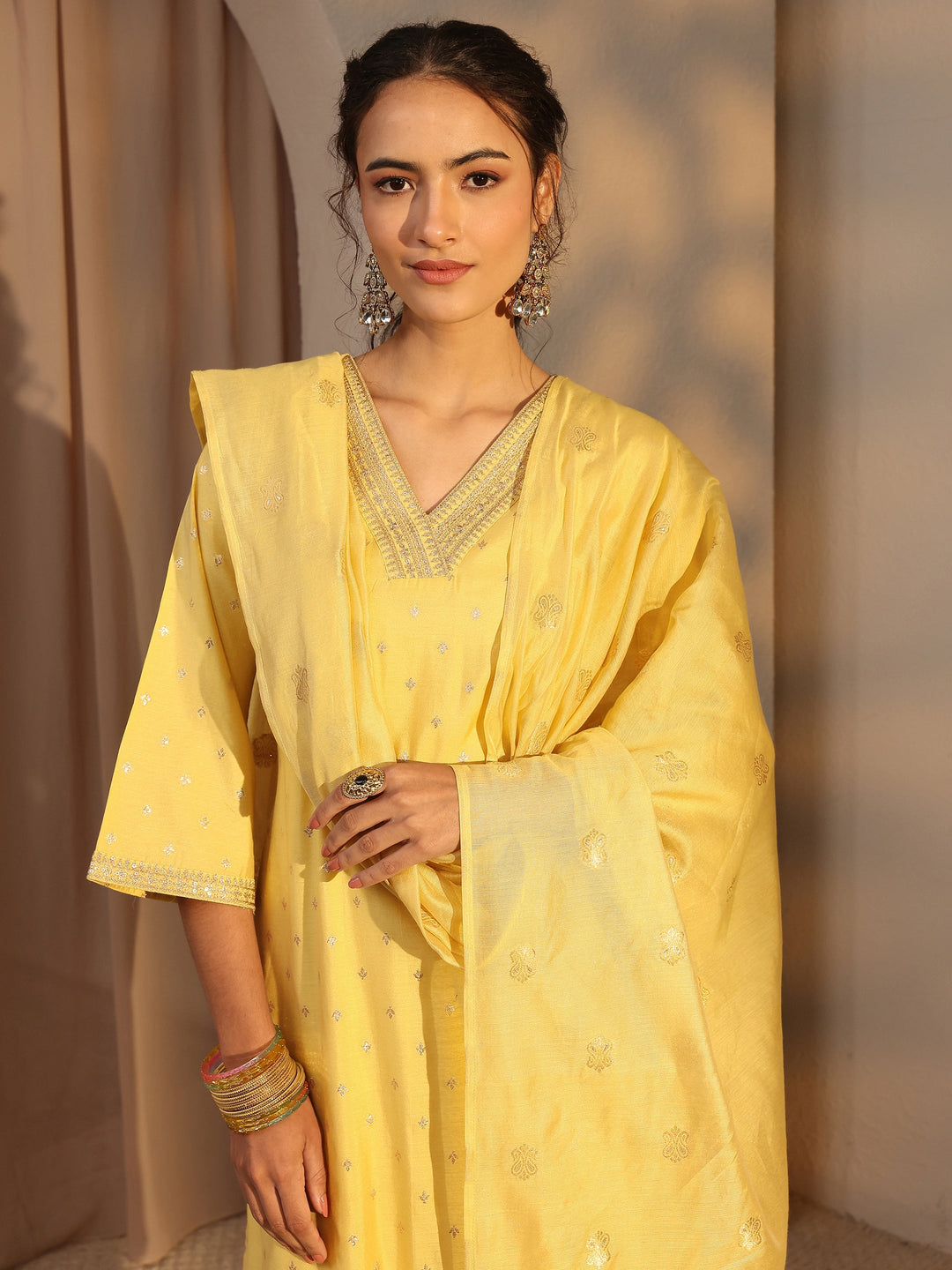  Yellow Woven Design Chanderi Silk Straight Suit Set With Dupatta 