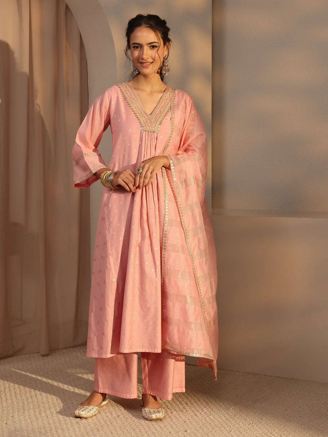  Peach Woven Design Chanderi Silk A-Line Suit Set With Dupatta 