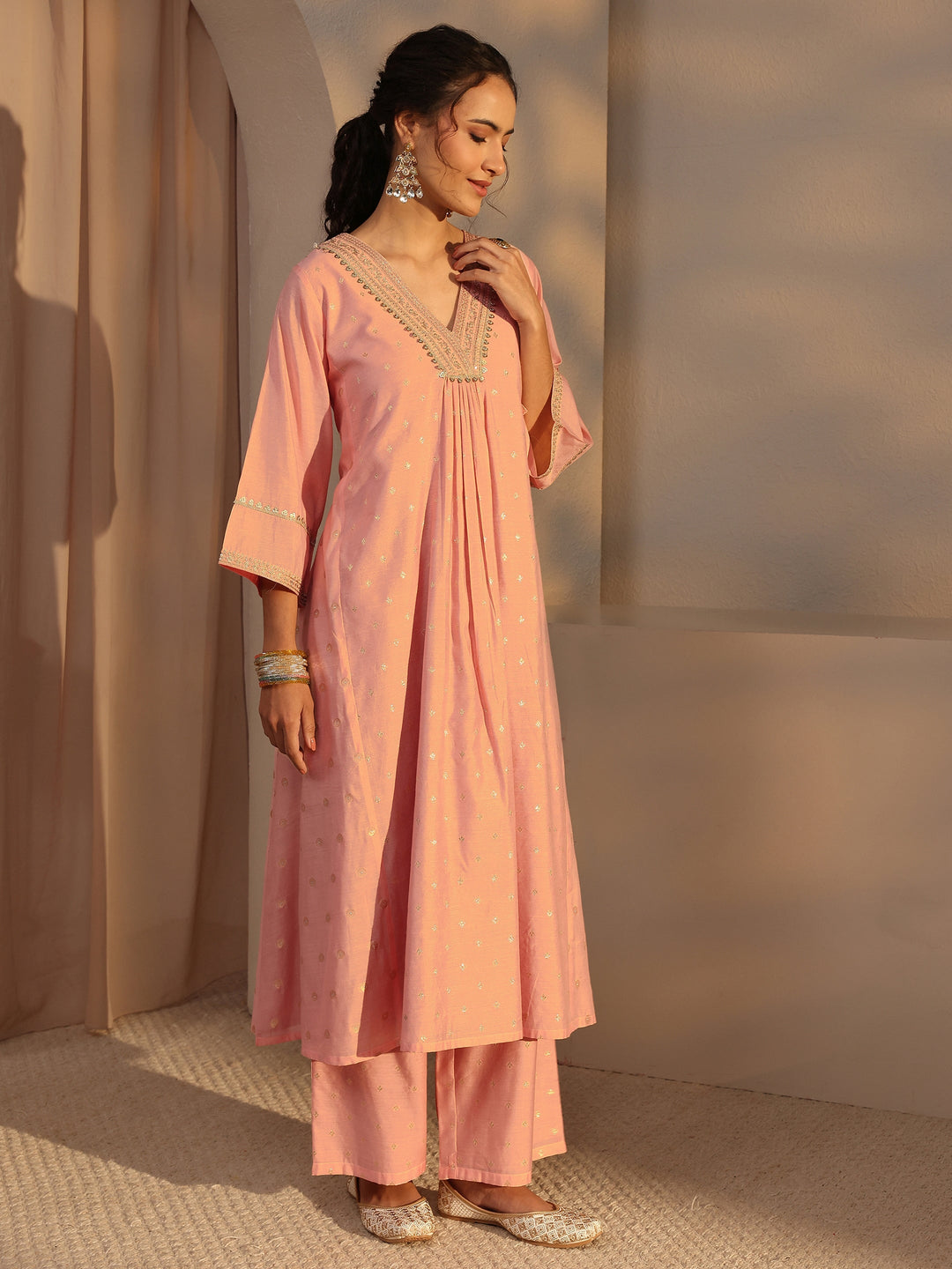  Peach Woven Design Chanderi Silk A-Line Suit Set With Dupatta 