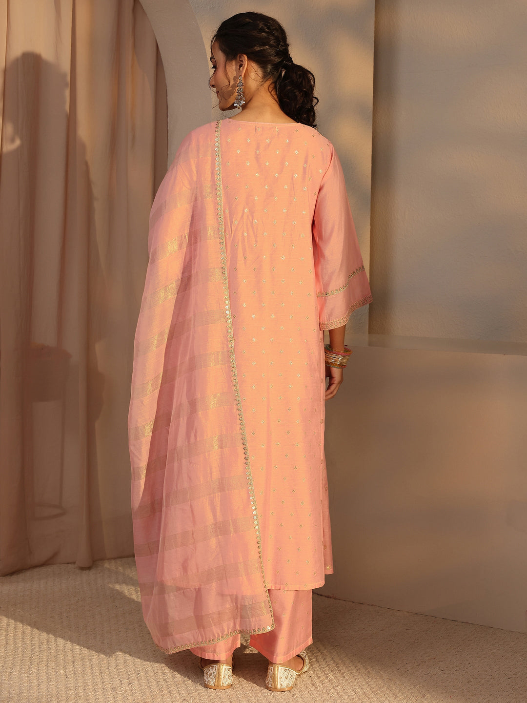  Peach Woven Design Chanderi Silk A-Line Suit Set With Dupatta 