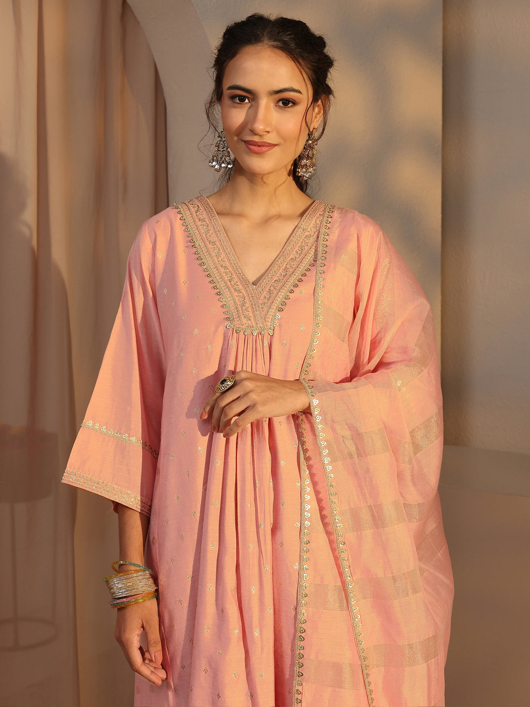  Peach Woven Design Chanderi Silk A-Line Suit Set With Dupatta 