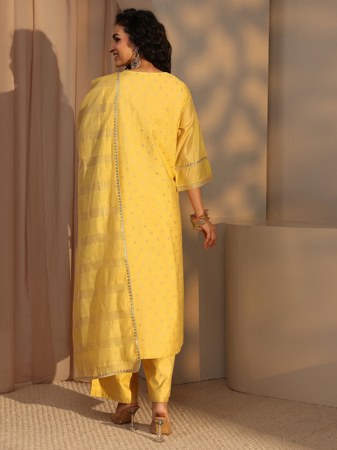  Yellow Woven Design Chanderi Silk A-Line Suit Set With Dupatta 