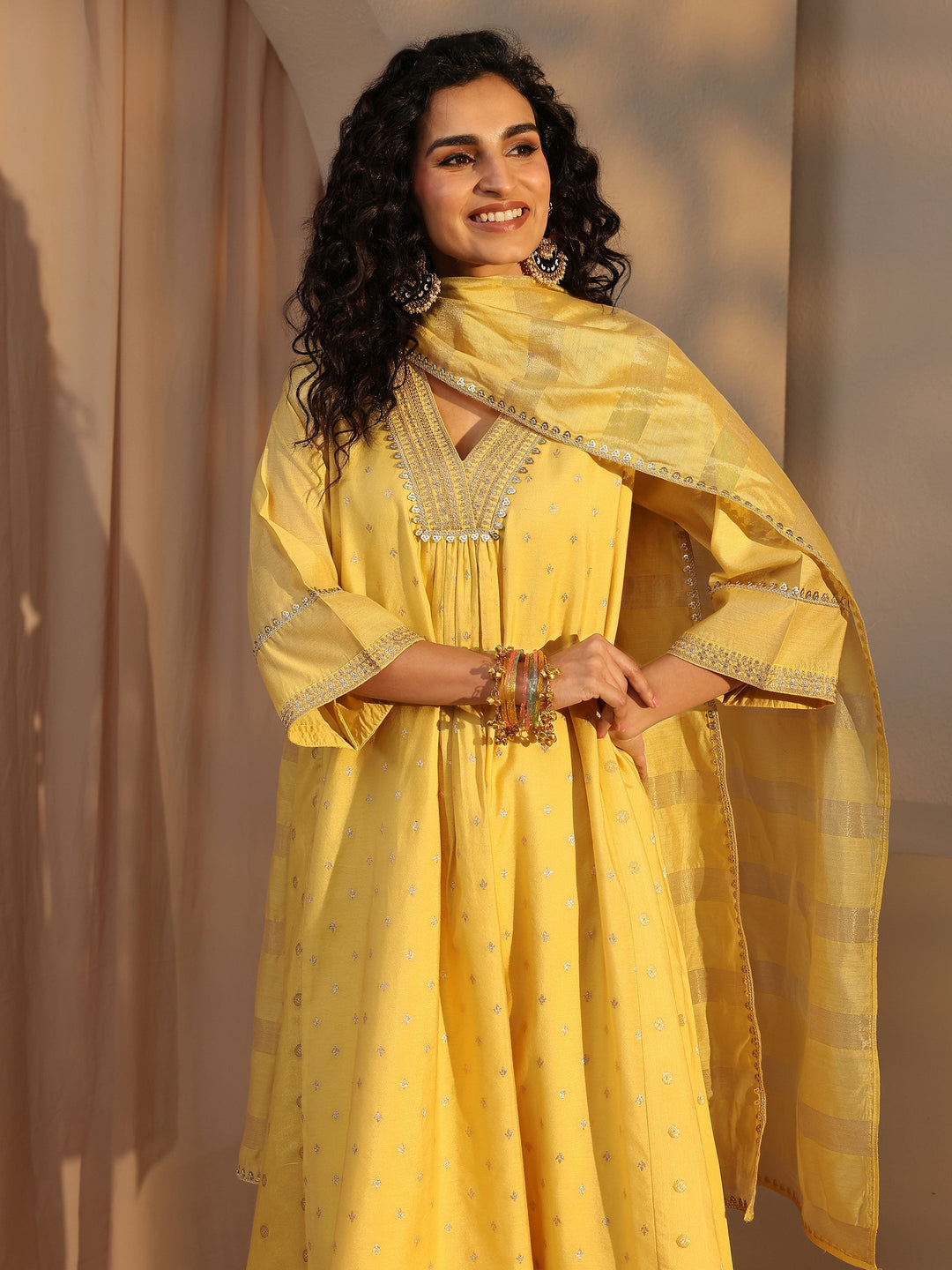  Yellow Woven Design Chanderi Silk A-Line Suit Set With Dupatta 