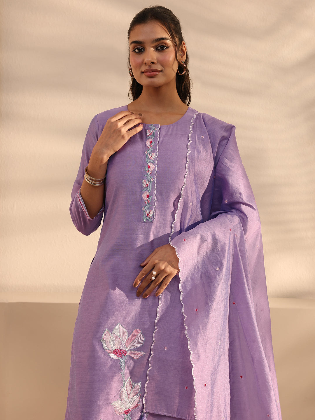  Purple Floral Embroidered Chanderi Silk Straight Suit Set With Dupatta 