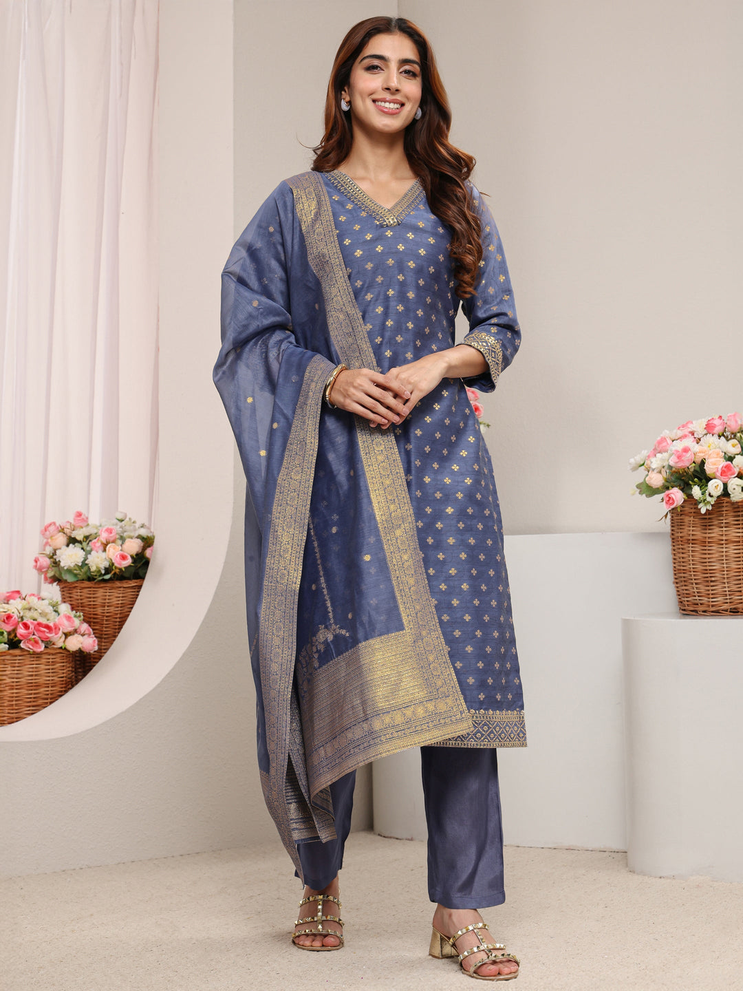  Blue Ethnic Woven Design Chanderi Silk Straight Suit Set With Dupatta 
