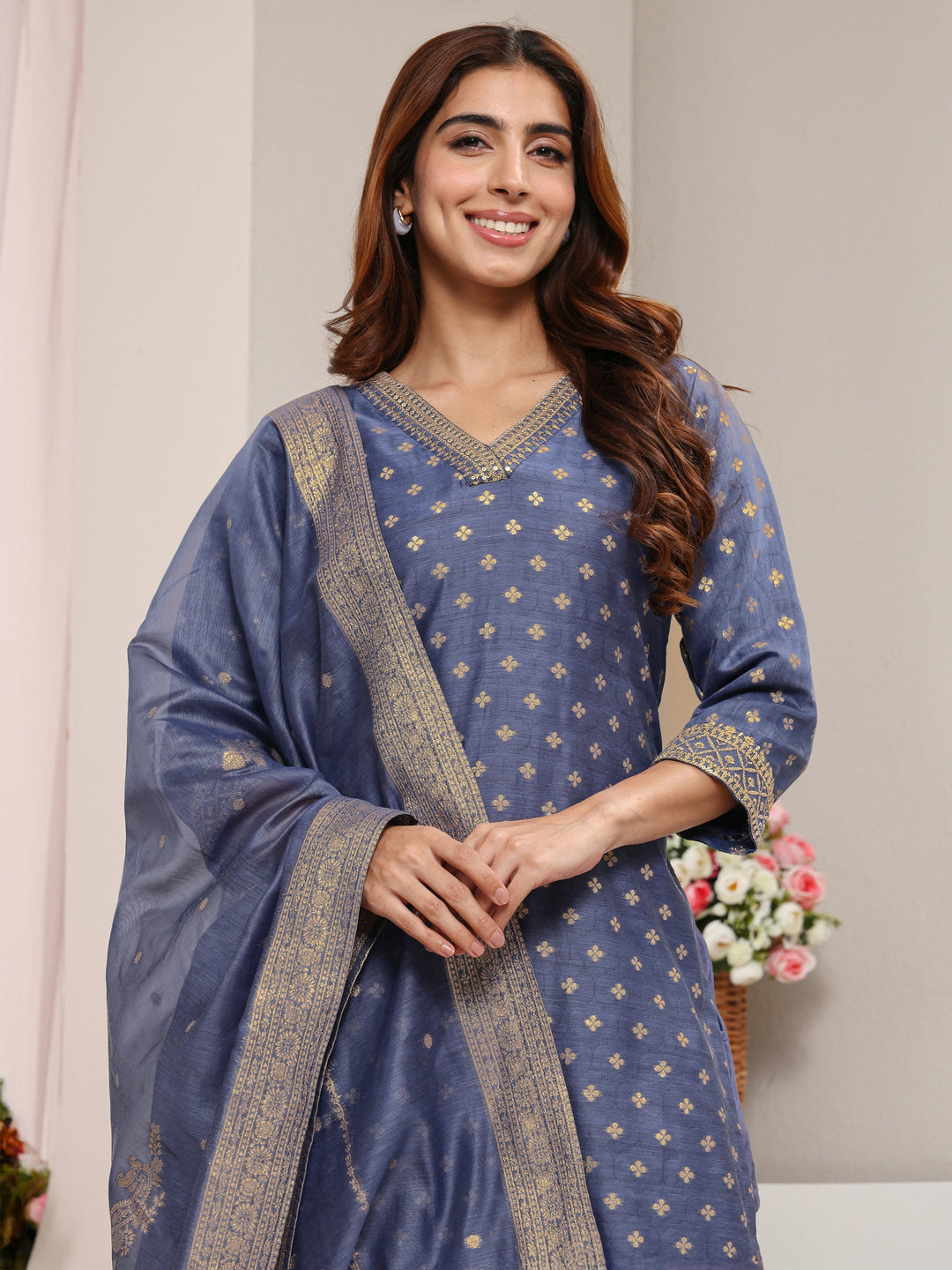  Blue Ethnic Woven Design Chanderi Silk Straight Suit Set With Dupatta 