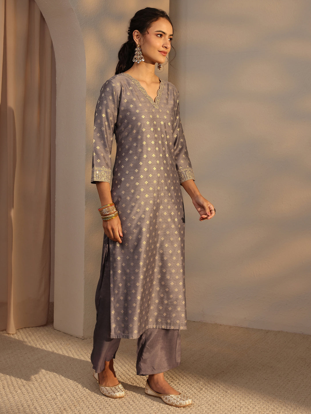  Grey Woven Design Chanderi Silk Straight Suit Set With Dupatta 