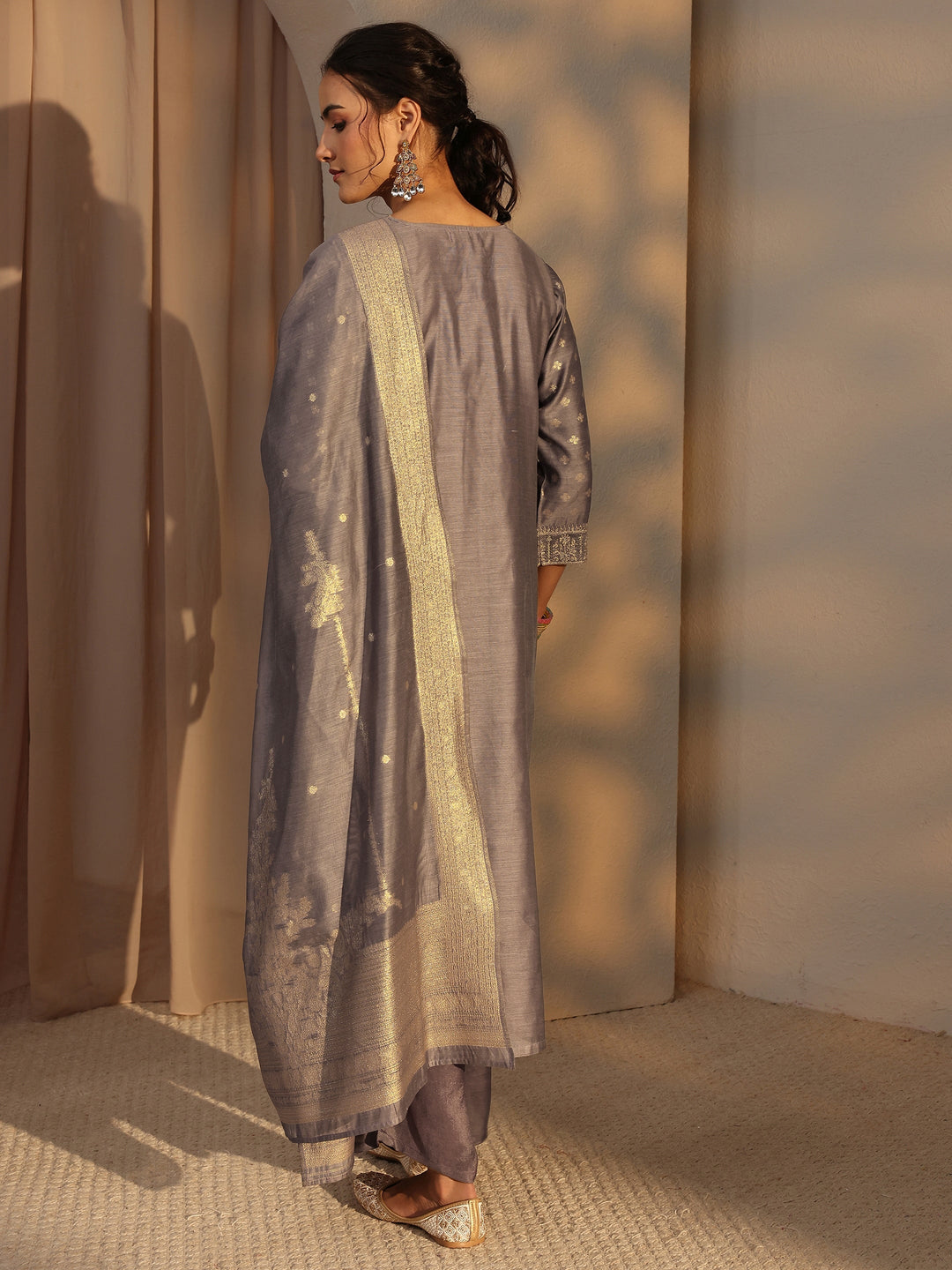  Grey Woven Design Chanderi Silk Straight Suit Set With Dupatta 