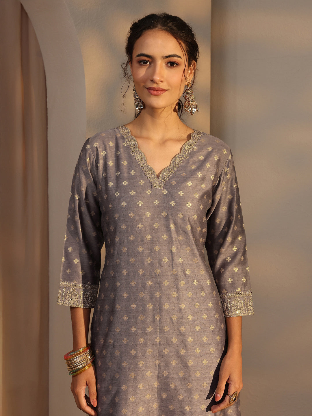  Grey Woven Design Chanderi Silk Straight Suit Set With Dupatta 