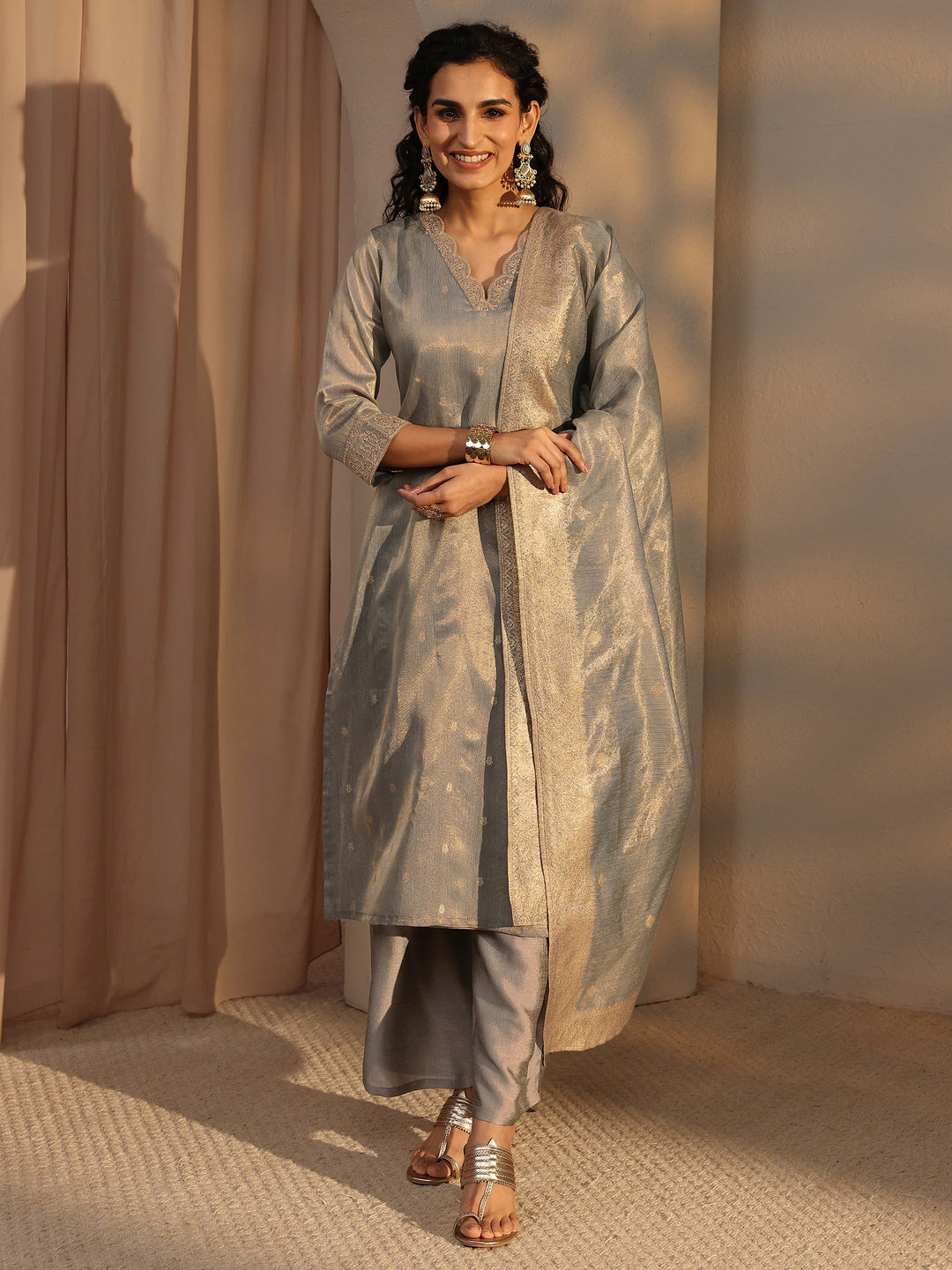  Grey Woven Design Chanderi Silk Straight Suit Set With Dupatta 