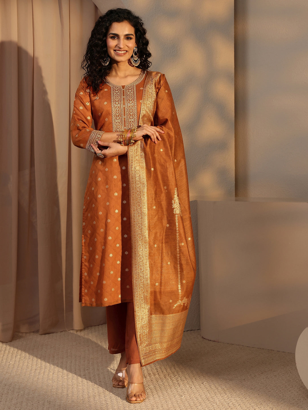  Rust Woven Design Chanderi Silk Straight Suit Set With Dupatta 