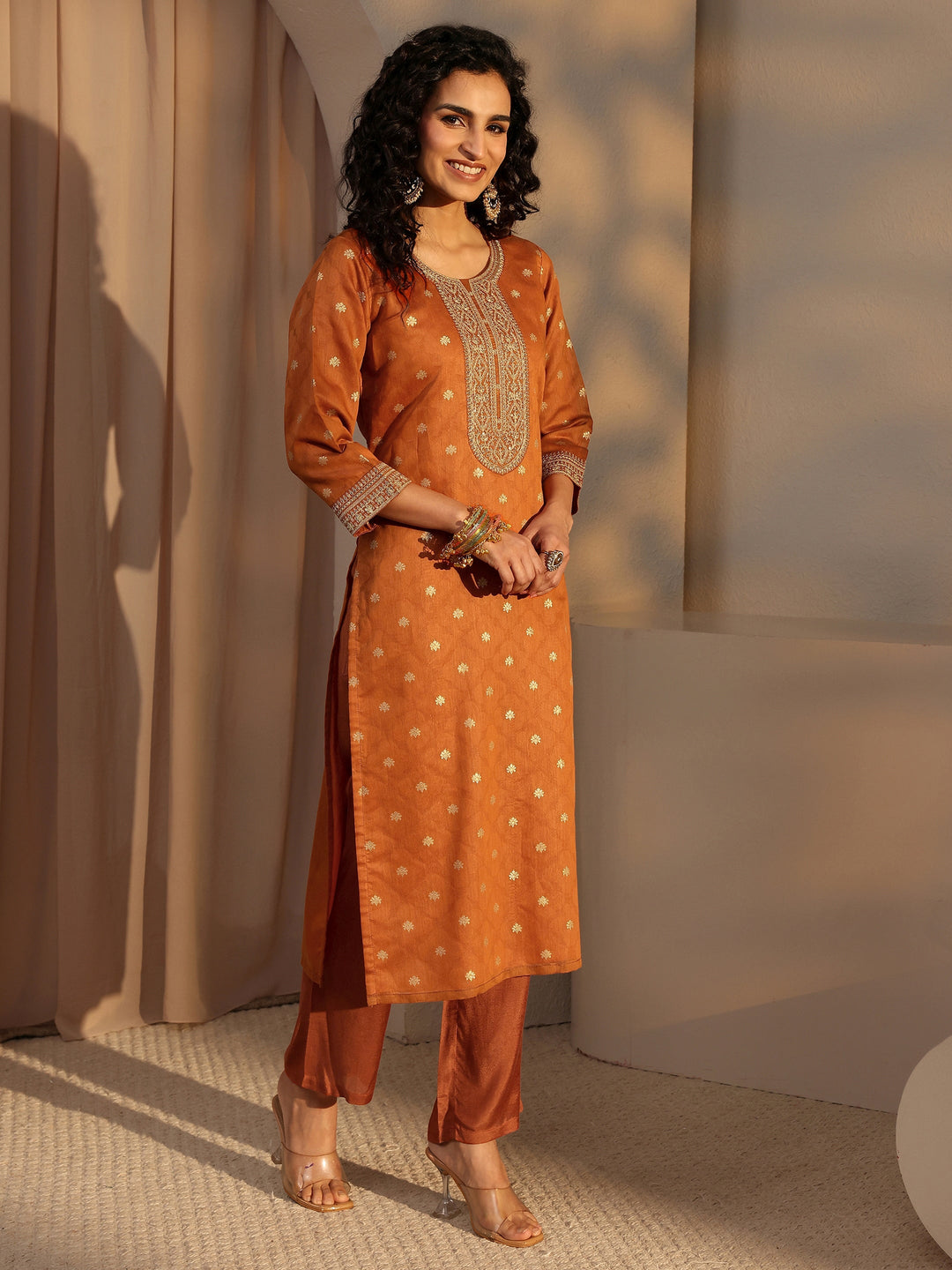  Rust Woven Design Chanderi Silk Straight Suit Set With Dupatta 