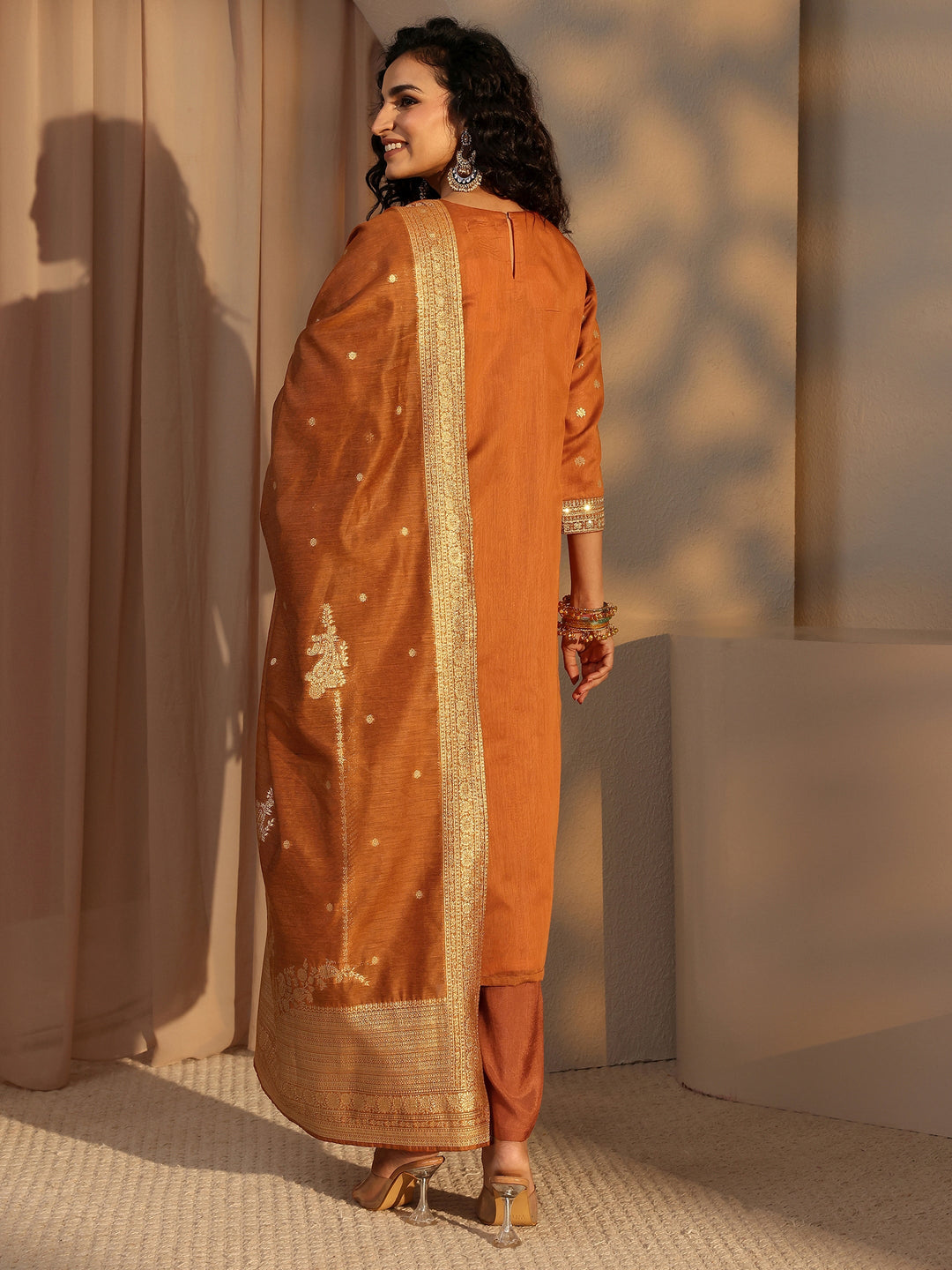  Rust Woven Design Chanderi Silk Straight Suit Set With Dupatta 