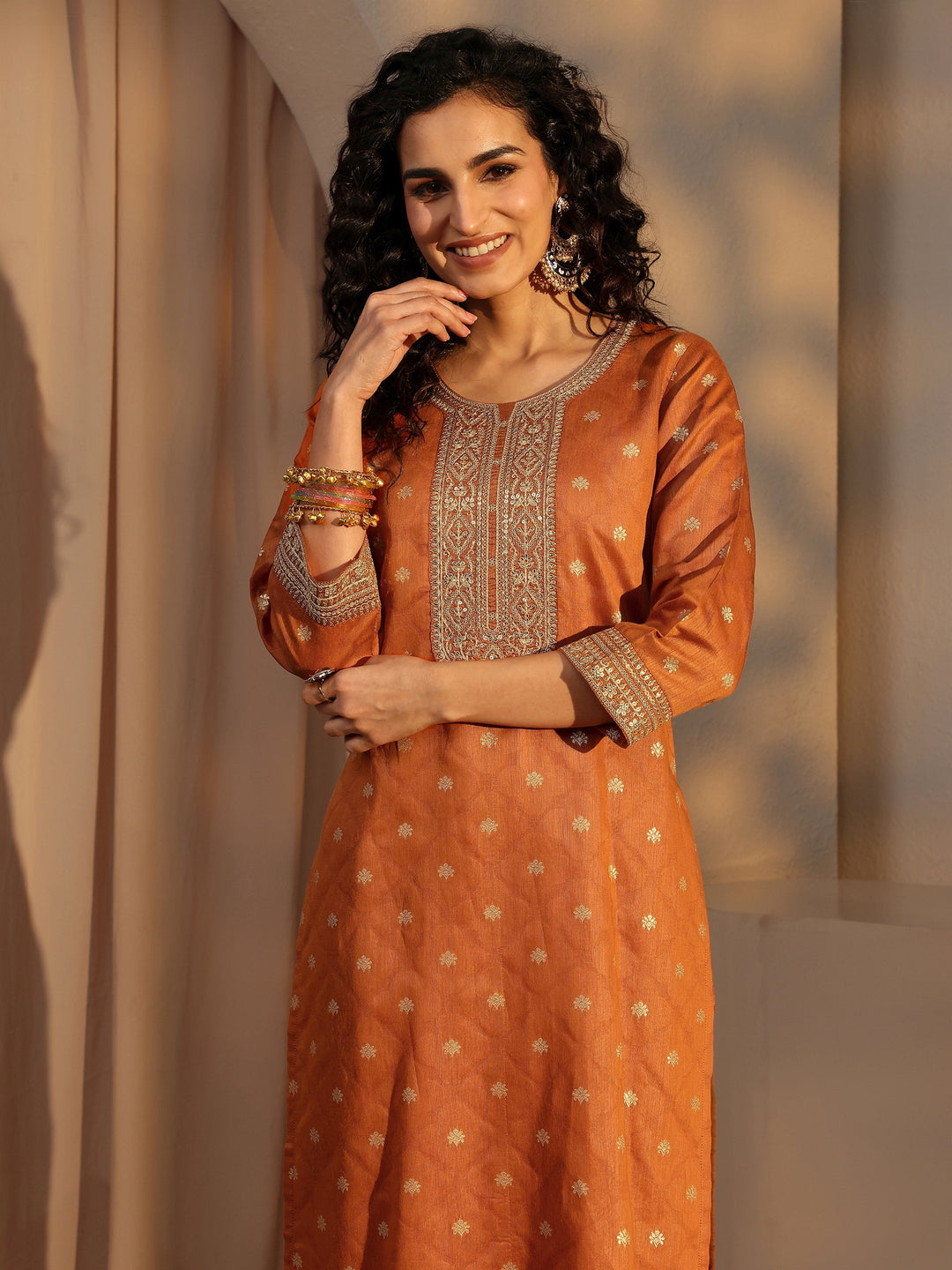  Rust Woven Design Chanderi Silk Straight Suit Set With Dupatta 