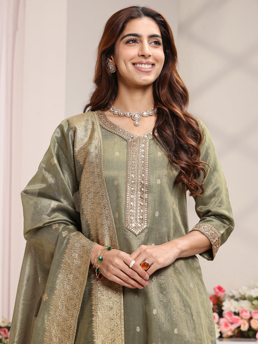  Green Woven Design Chanderi Silk Straight Suit Set With Dupatta 