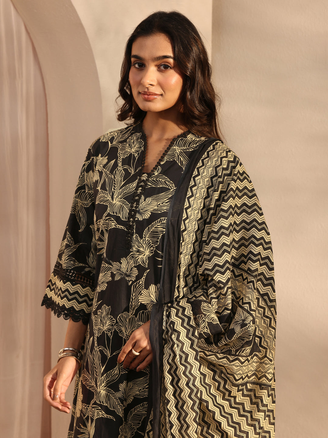  Black Floral Printed Cotton A-Line Suit Set With Dupatta 
