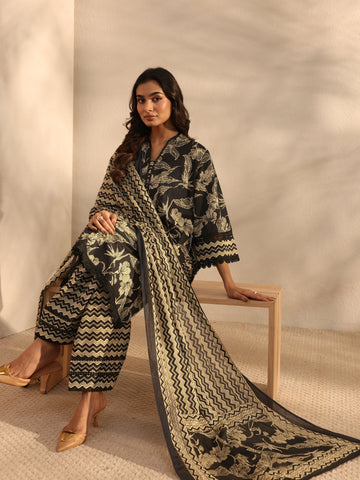 Libas Black Floral Printed Cotton A-Line Suit Set With Dupatta