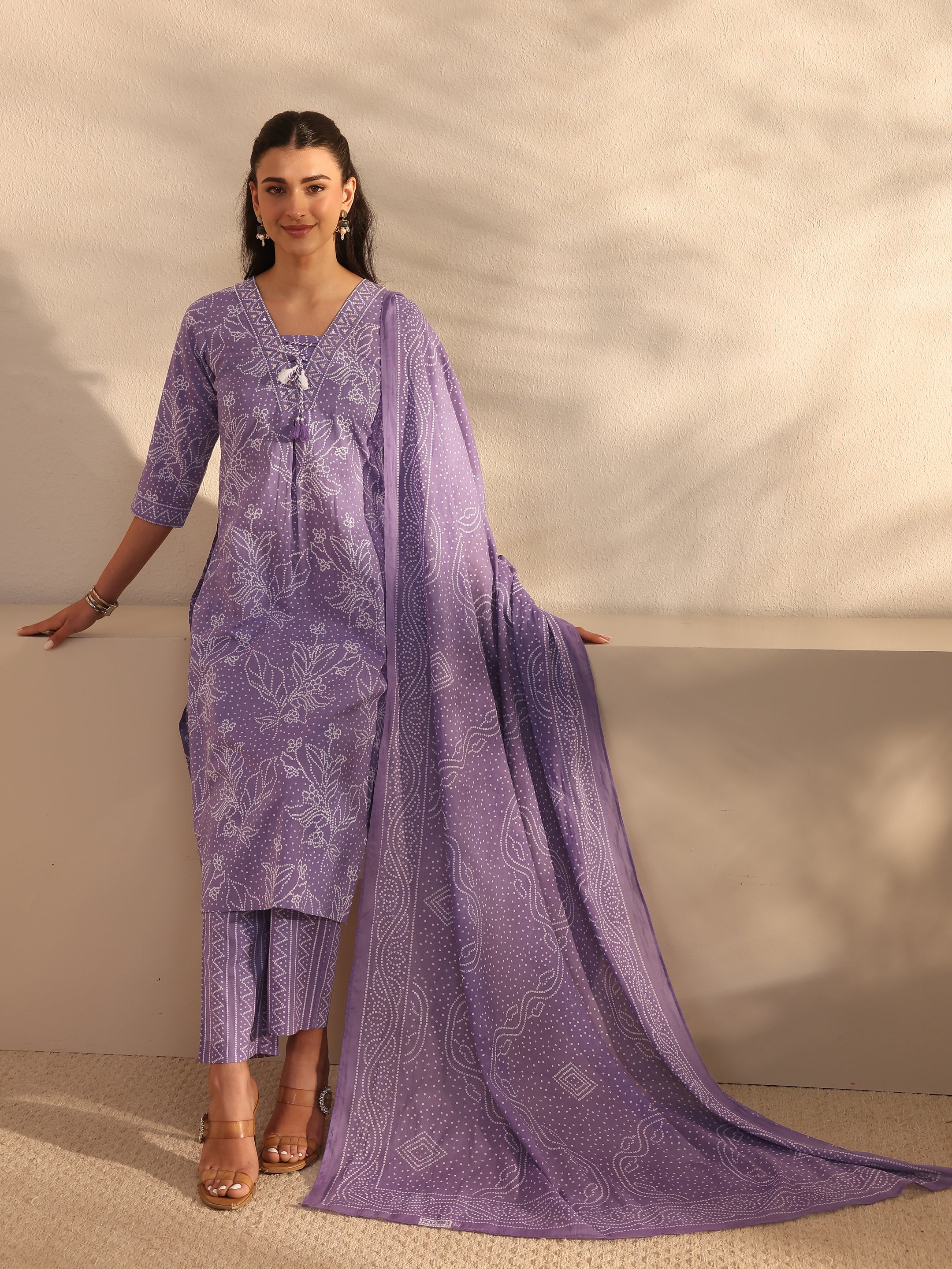 Libas Lavender Bandhani Printed Cotton Straight Suit Set With Dupatta-picture-11