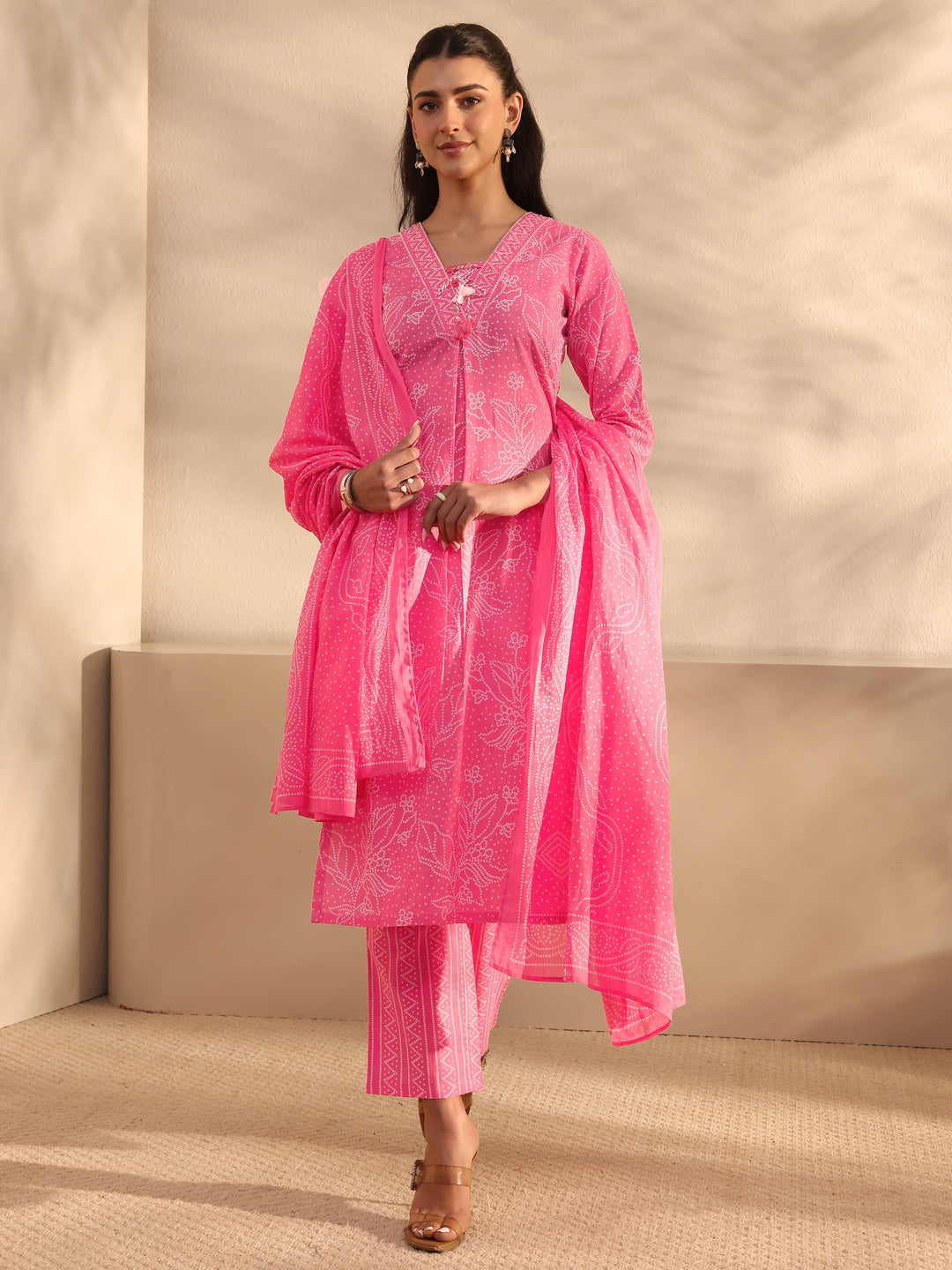  Pink Bandhani Printed Cotton Straight Suit Set With Dupatta 