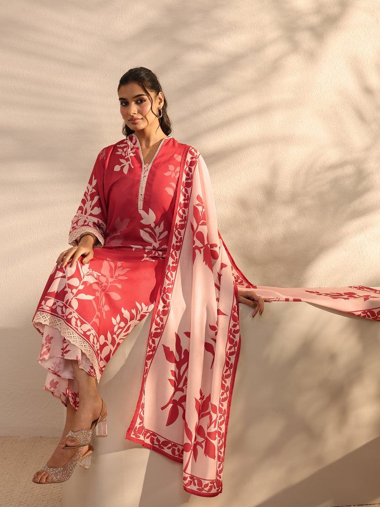 Libas Red Floral Printed Cotton Blend Straight Suit Set With Dupatta