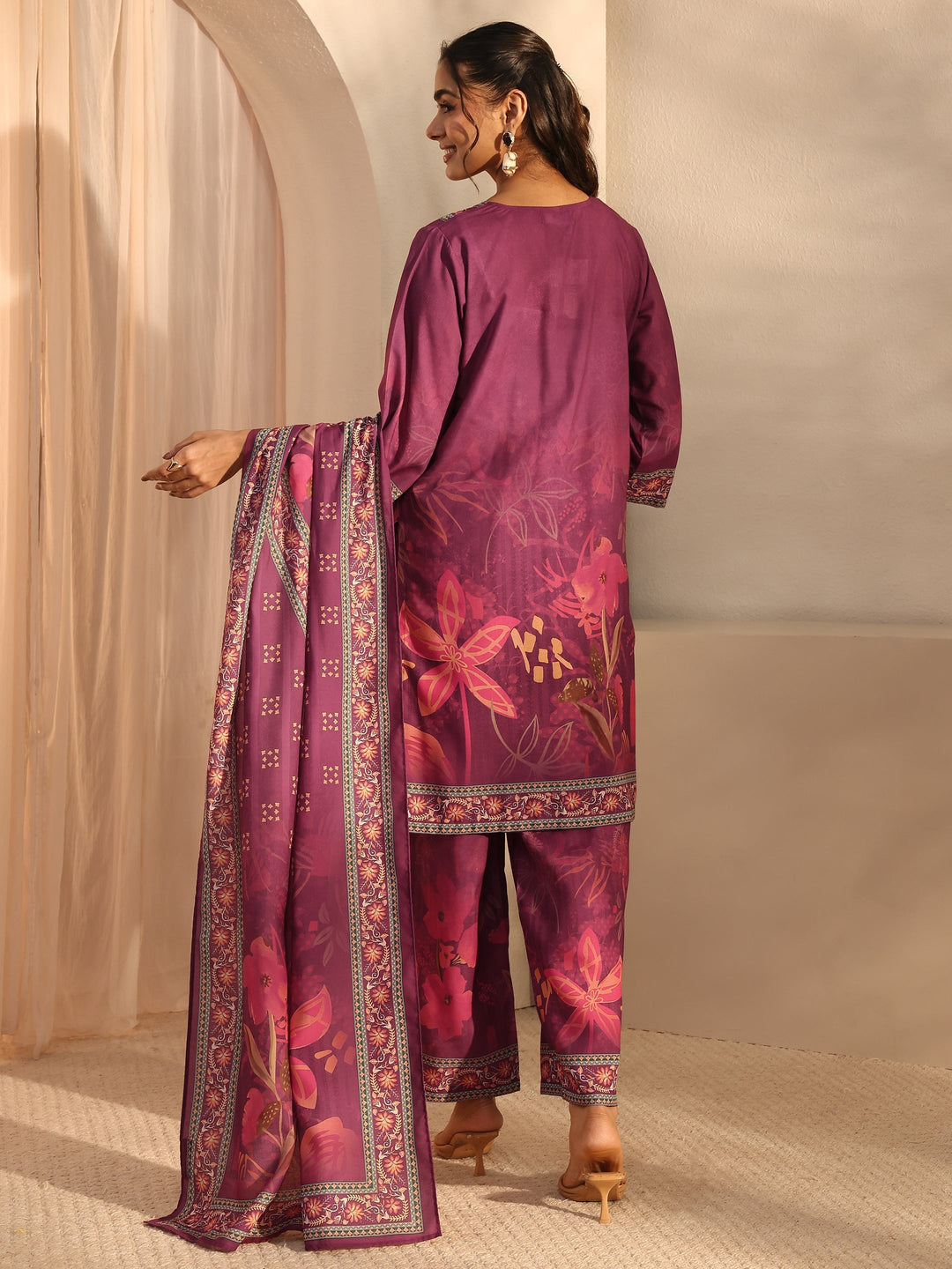  Burgundy Floral Printed Cotton Blend Straight Suit Set With Dupatta 