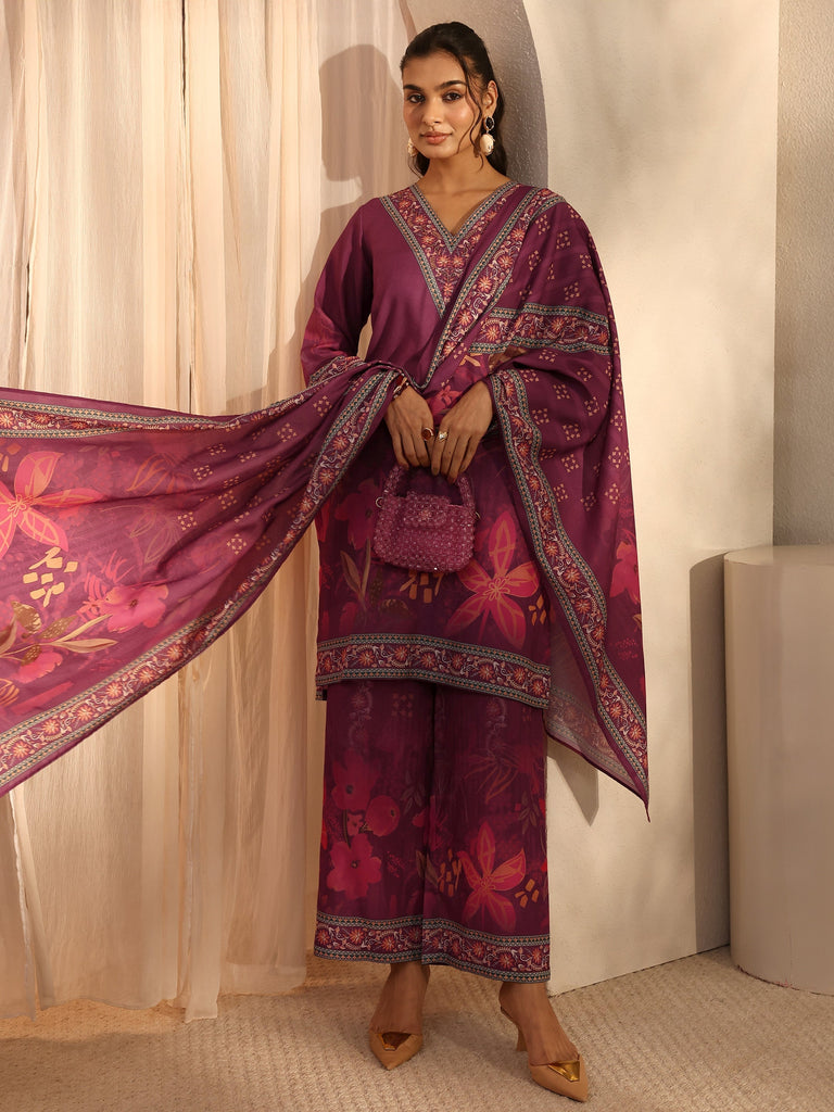Libas Burgundy Floral Printed Cotton Blend Straight Suit Set With Dupatta