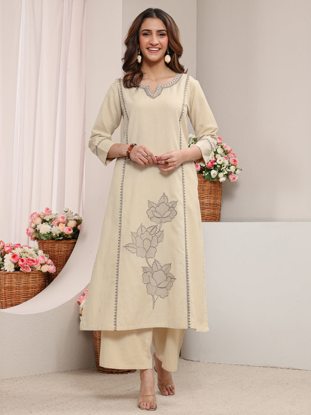  Off White Floral Embroidered Cotton Straight Kurta Set 