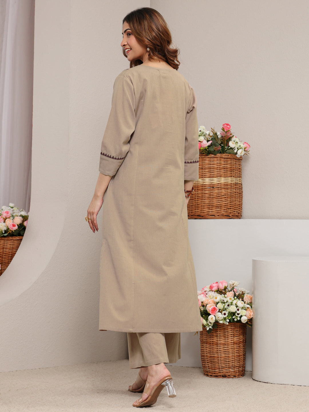  Beige Floral Embroidered Cotton Straight Kurta Set 