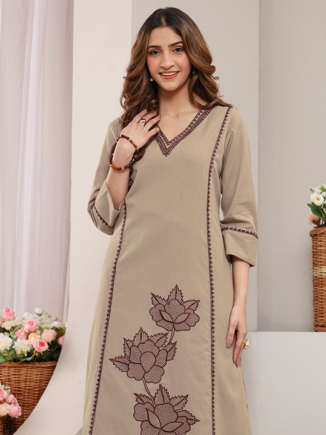  Beige Floral Embroidered Cotton Straight Kurta Set 