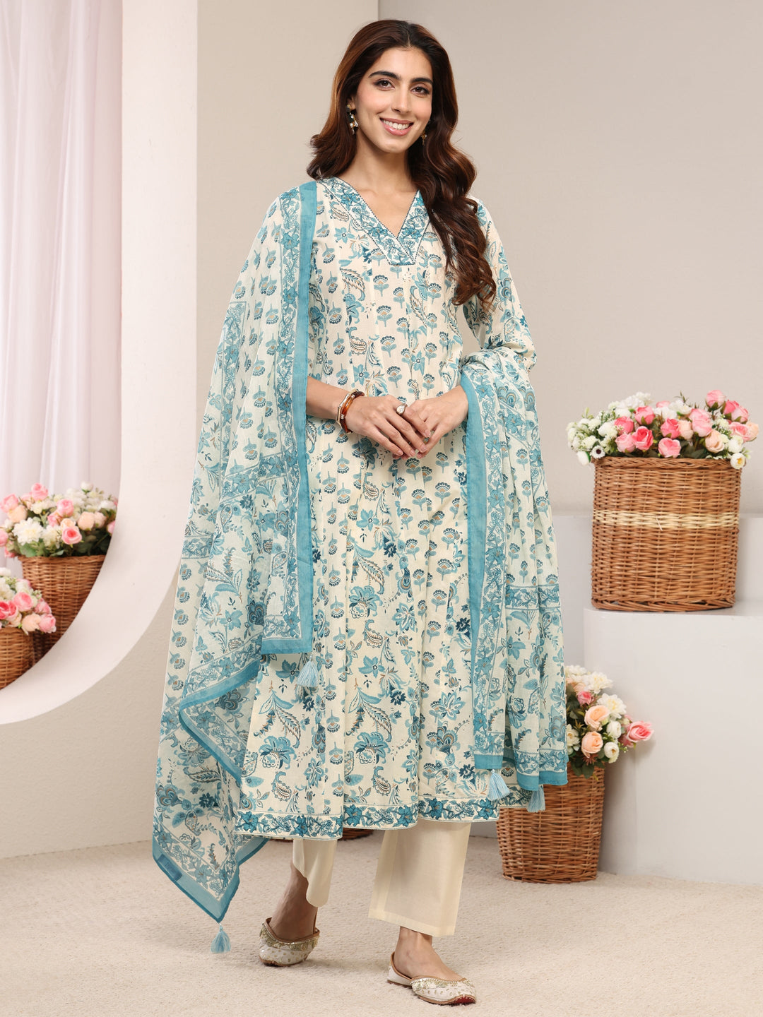  Blue Floral Printed Cotton A-Line Suit Set With Dupatta 