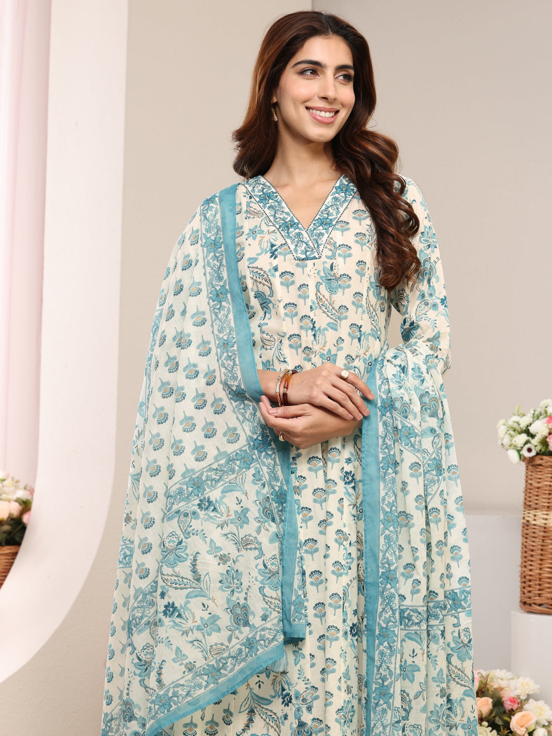  Blue Floral Printed Cotton A-Line Suit Set With Dupatta 